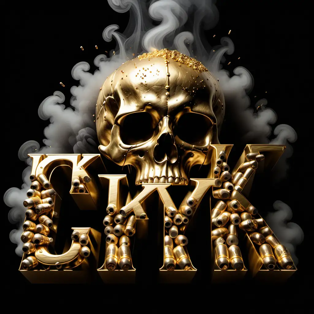 Black background. Hyper realistic skull made of gold. Underneath the letters "CK". Two .308 bullets cross behind the skull. Smoke emanates from the bottom of the frame.