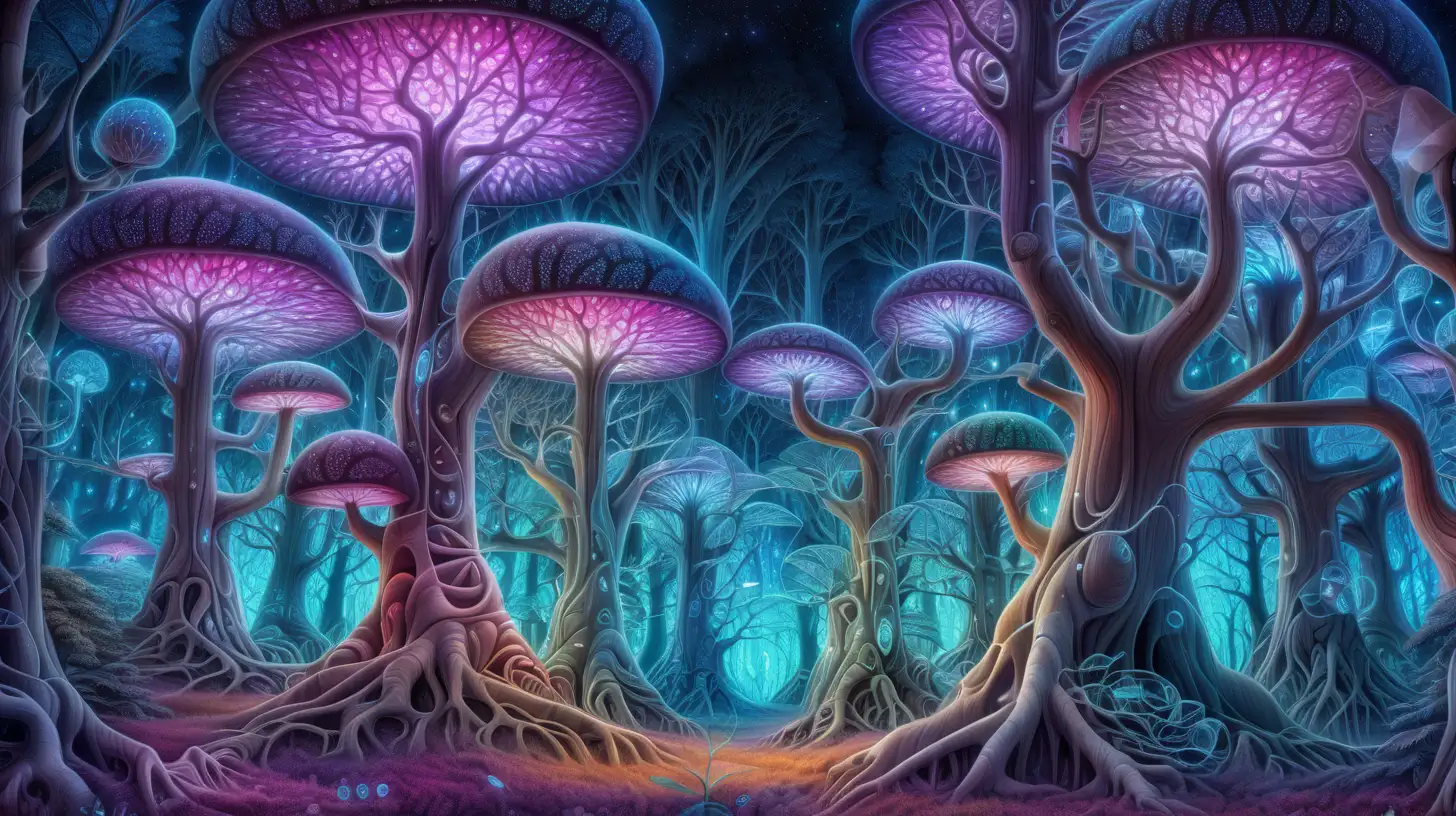 rompt

A psychedelic and surreal forest, the trees are very intricate and organic, it involves geometry, brain, chemical molecules, human anatomy, serotonin, chemistry, THC, metaphysics, organic shapes melting, art piece, high detailed, glowing stars