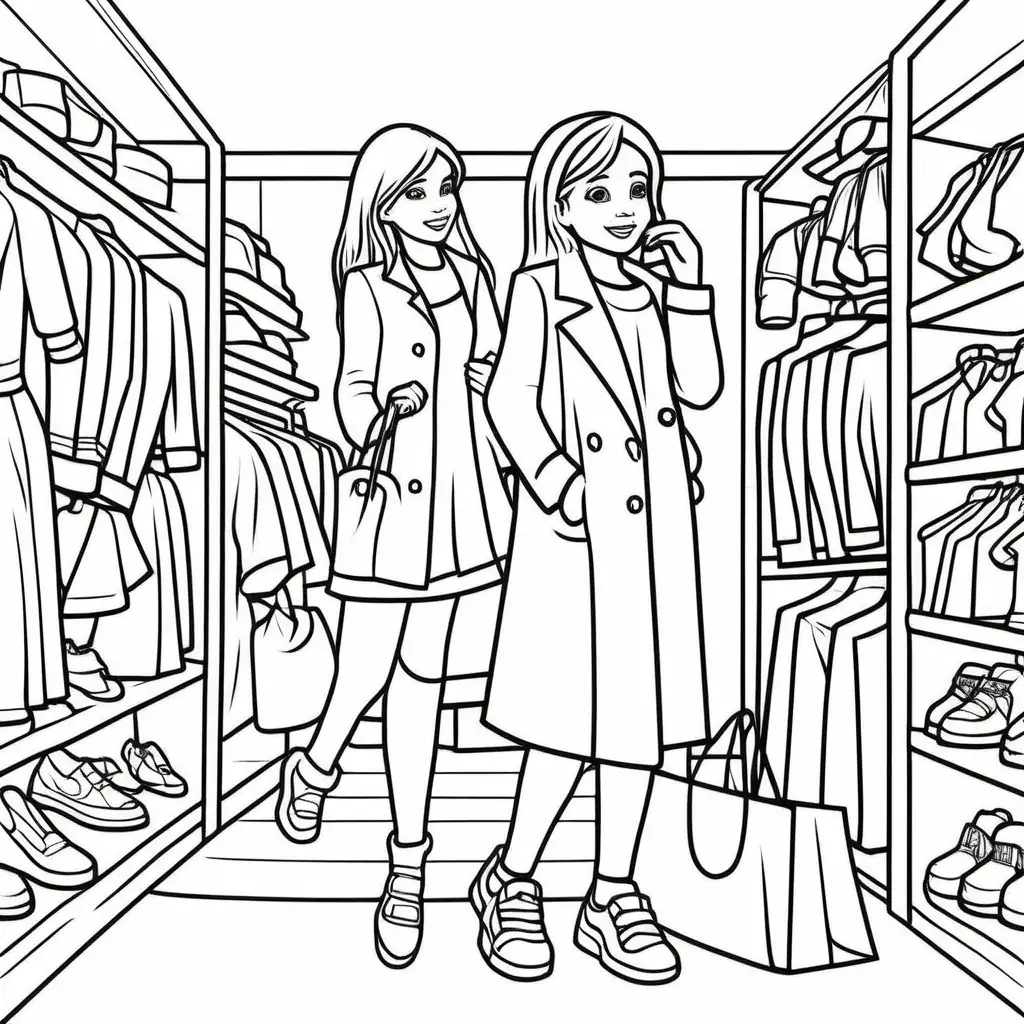 Kids Shopping for Clothes Simple Coloring Page with Clean Line Art