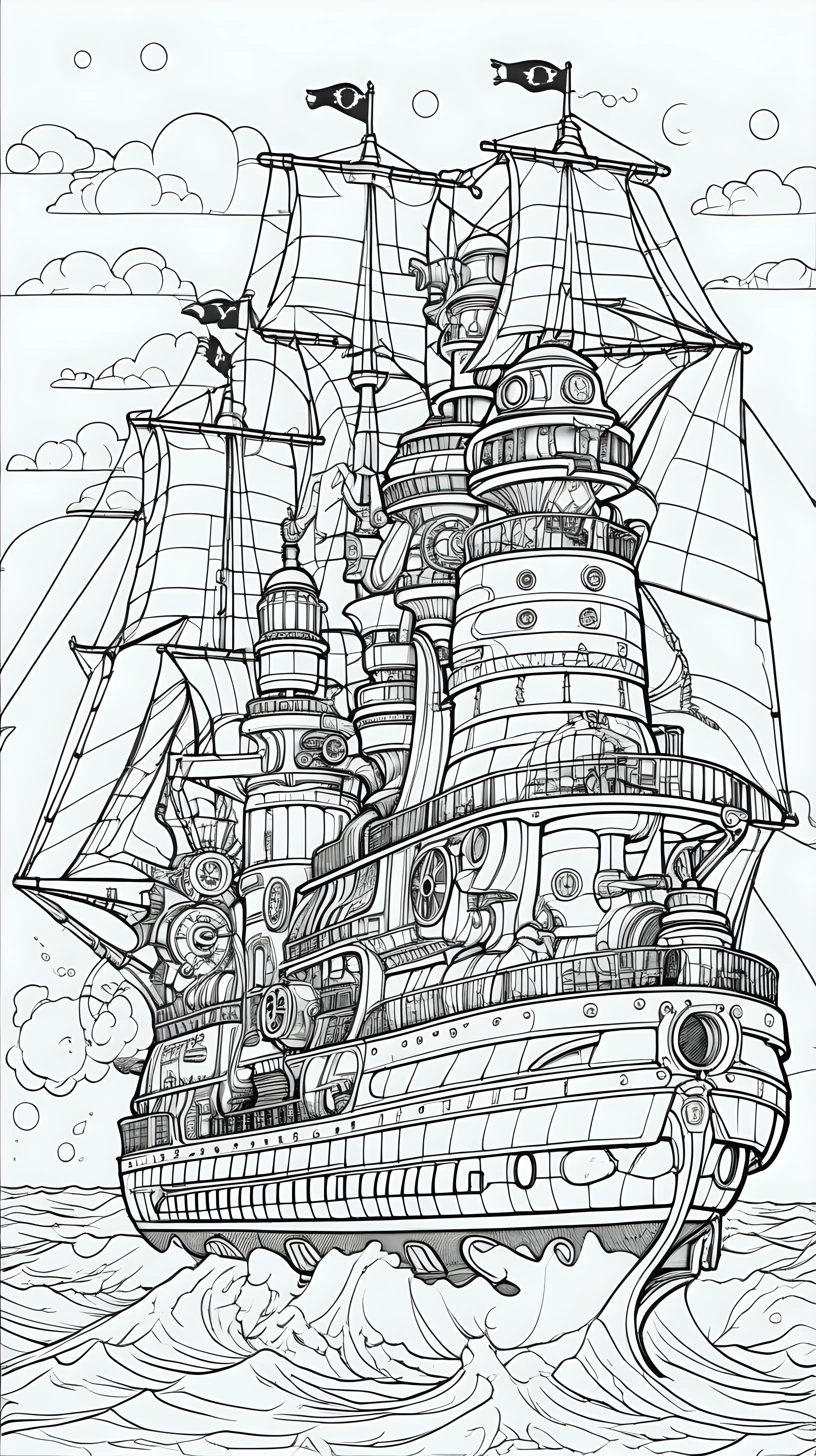 Epic Steampunk Air Warship Over Ocean Coloring Book Image