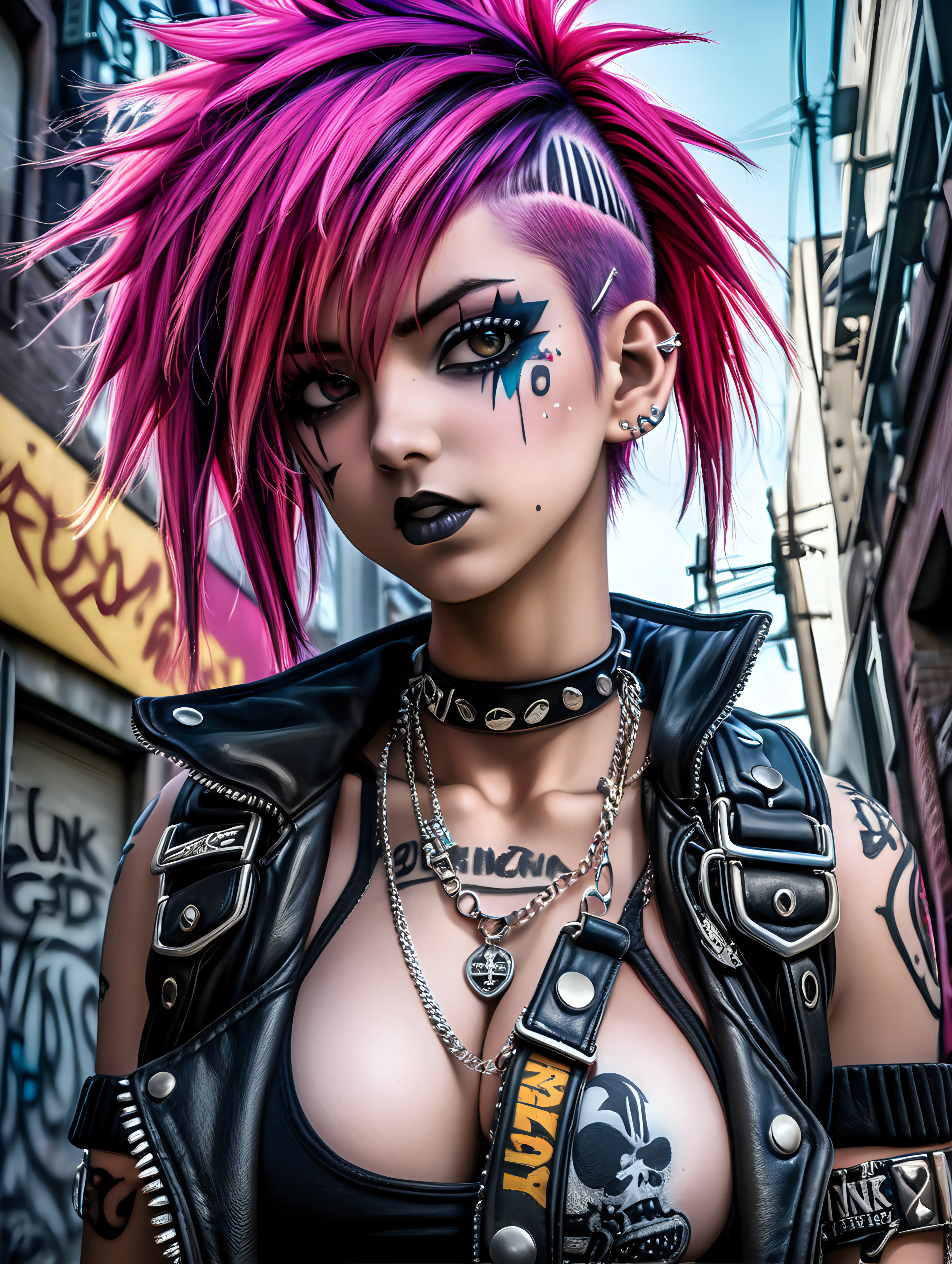 (cinematic lighting), In a gritty urban setting, a "Punk's Not Dead" anime girl defies convention with her rebellious attitude and distinctive style, Perfect breast, Adorned in punk fashion, spiked accessories, vibrant hair, and bold makeup, she embodies the spirit of nonconformity, creating a visual statement that declares the enduring vibrancy of punk culture, full body photo, angle from below, intricate details, detailed face, detailed eyes, hyper realistic photography,--v 5, unreal engine,