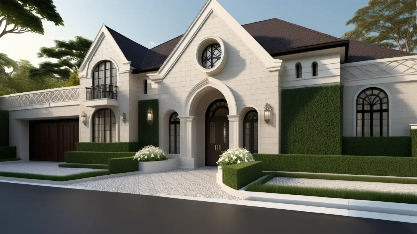 grand Modern Hausmann estate home exterior in beige, ivory and limestone behind porte cochere and rendered brick fence covered with diamond patterned espalier creeping star jasmine; Realistic 8k; 