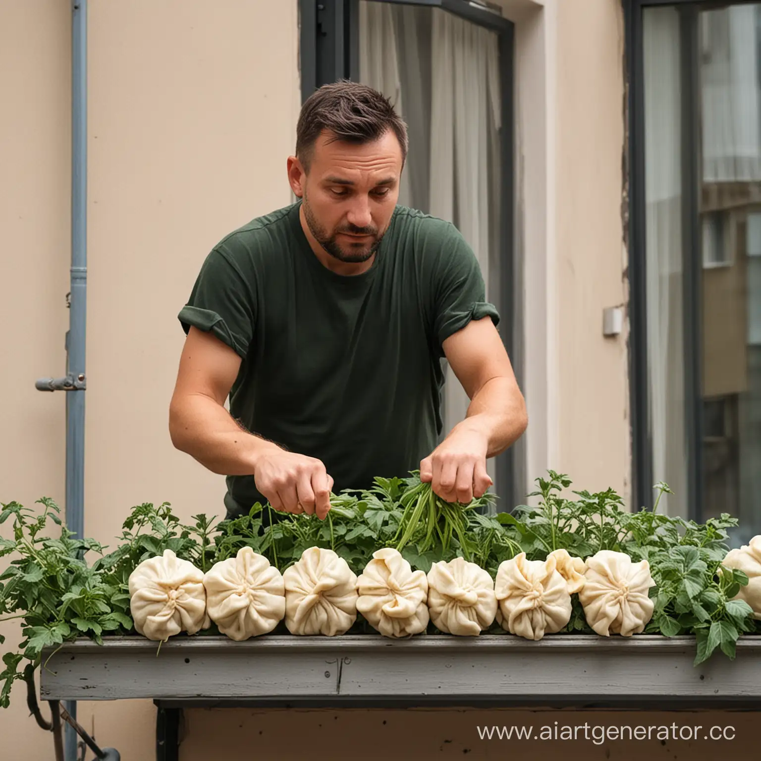 Man-Cultivating-Dumplings-on-Balcony