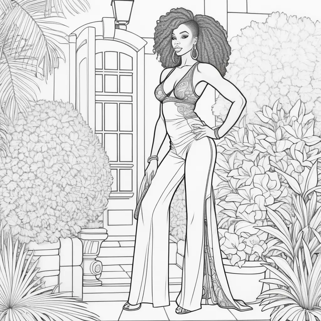 adult coloring book, outline image, no greyscale, no color, no shading,  outline hair only, coloring page style, african american woman, full body pose, sexy fully dressed, designer clothes, fun outside backgrounds, coloring book lines