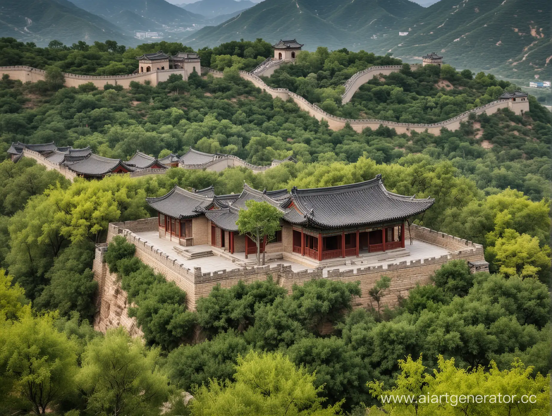 древне китайский дом в красивом пейзаже возле великой китайской стены