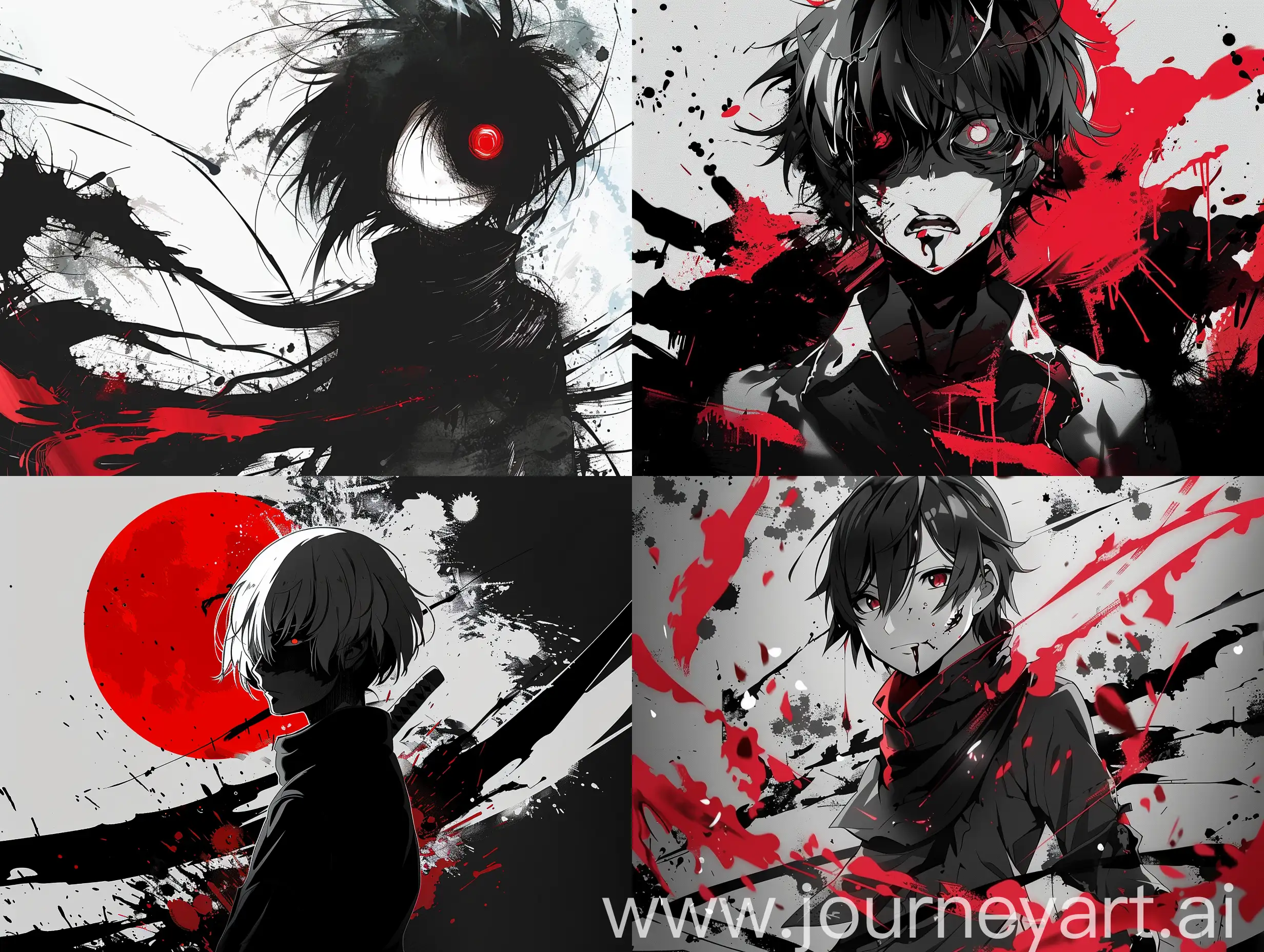 Banner, anime style, akudama drive, maniac character, in black red white tones