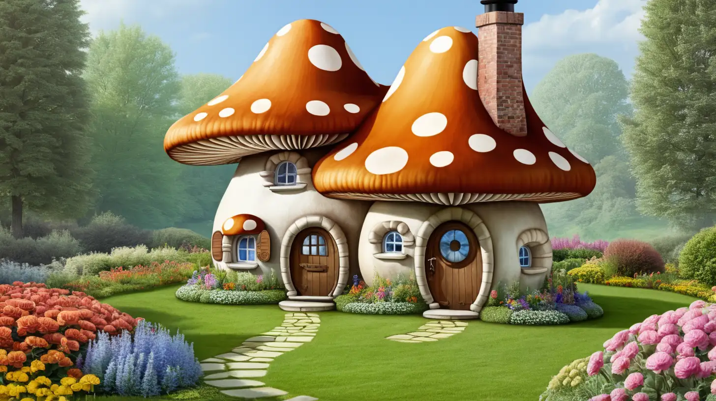 mushroom house with windows and doors and a chimney surrounded in a garden of flowers