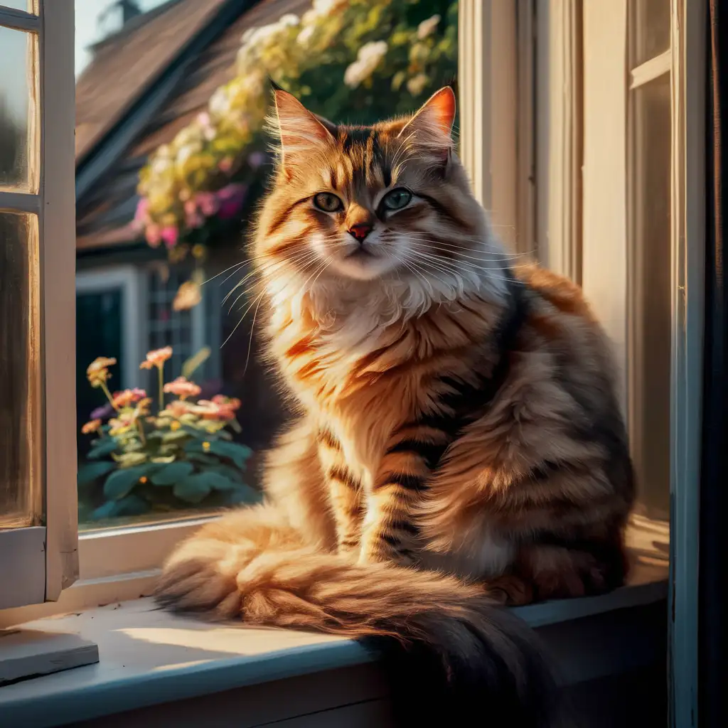 A fluffy cat perched regally on a windowsill, bathed in golden morning light.