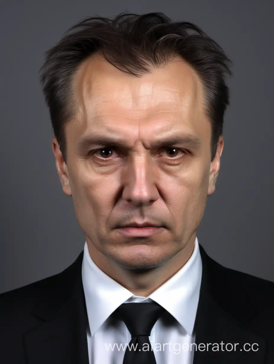 Russian man, 47 years old, with a stylish hairstyle, dressed in a white shirt and black suit, has a serious expression on his face (passport photo)