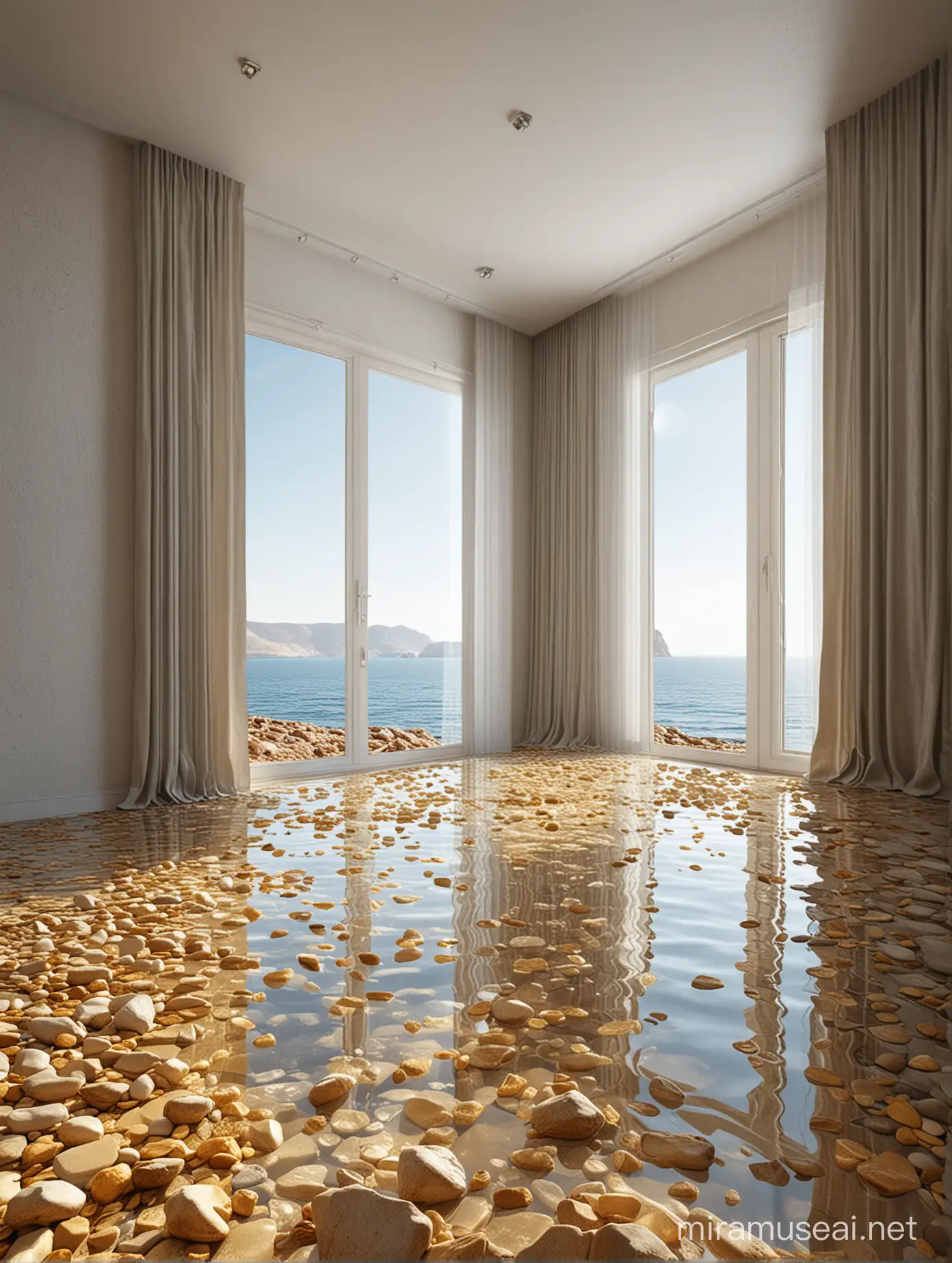 Tranquil Water Mirror Room with Sunlit Cliffs Beyond