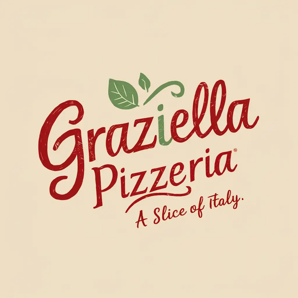 Graziella Pizzeria logo, Flush handwritten font, Cozy atmosphere, green leaf, Italian colors,