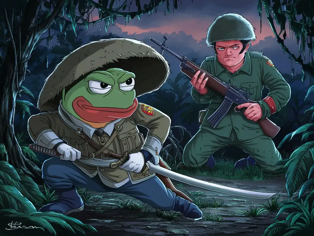 In the depths of the Vietnam jungle, Pepe the Frog comes face to face with a Viet Cong, with an AK-47 in his hands. Their gazes meet, and a tension is established between them.
Pepe must maintain his cool and confidence in this situation as he seeks to establish a connection with the Viet Cong warrior, possibly to diffuse the anticipated confrontation.
Details such as the wet leaves below Pepe's feet, the mysterious twilight atmosphere of the jungle, and the grim faces of the Viet Cong fighter heighten this tense atmosphere and make the final image even more striking.  Anime 2D