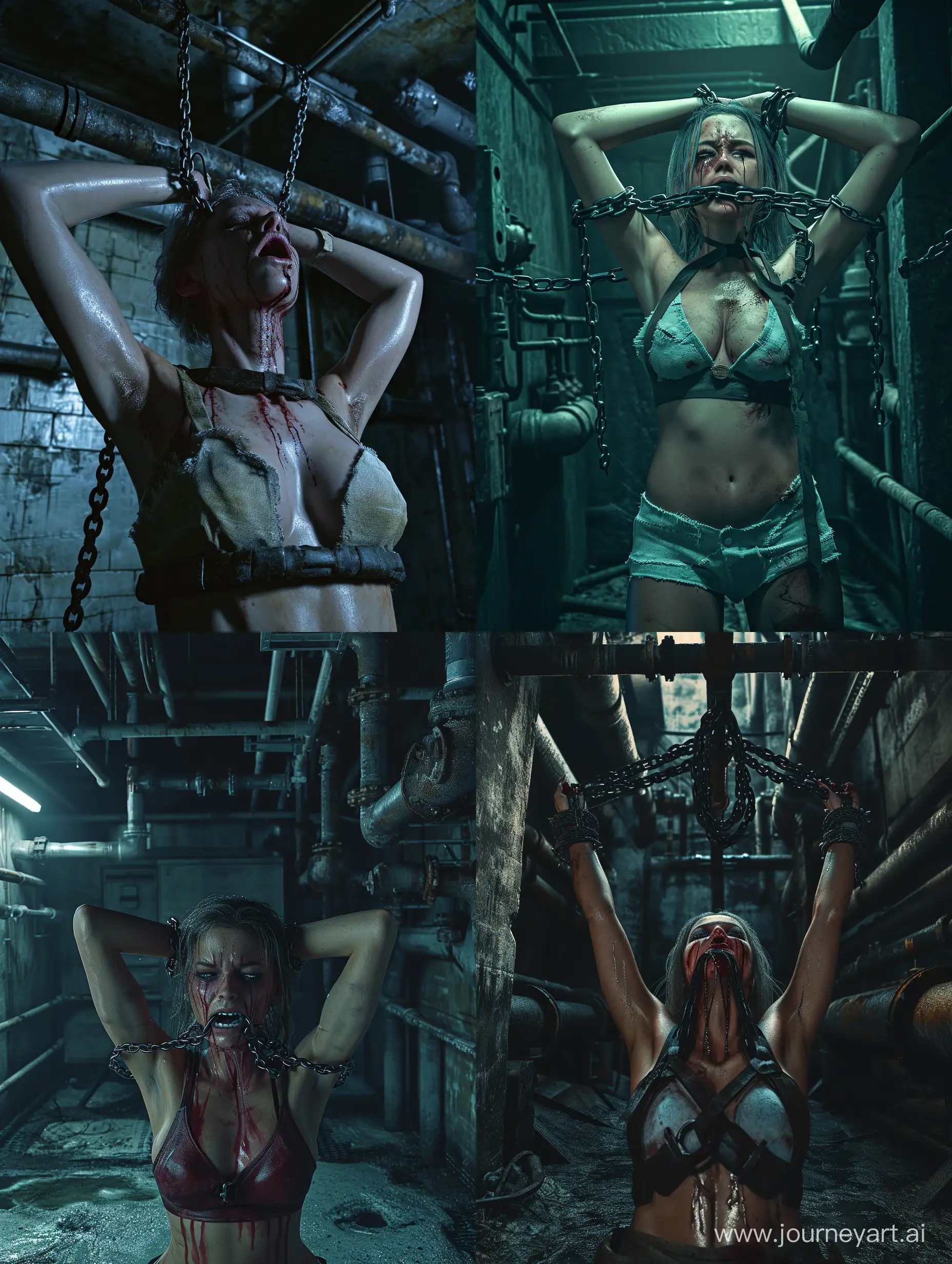  Ominous full body image of woman, unhinged | chained harness in mouth | desolate building with exposed pipes | night scene | shackled | chained | arms bound above head | makeup tear stained face | epic cinematography shot on Nikon | color grading I atmospheric I color_shading I deep depth of field | HDR | 3D digital photoillustration | dark shadows I ambient occlusion I high resolution I intricate I advanced composition I high contrast I entang expansive I hyperreal textures I accurate_anatomy I vibrant realism