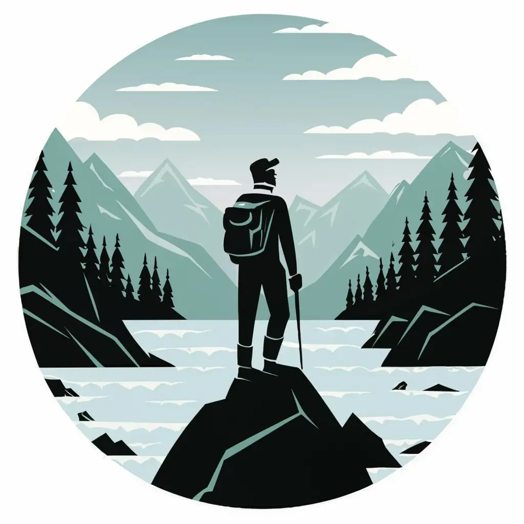 a logo design,with the text "B", main symbol:Fortune seeker Vector illustration in square format of the surviver in the mountain forest and near the sea. Many details, without brand name, black and white colors.,Moderate,be used in Travel industry,clear background