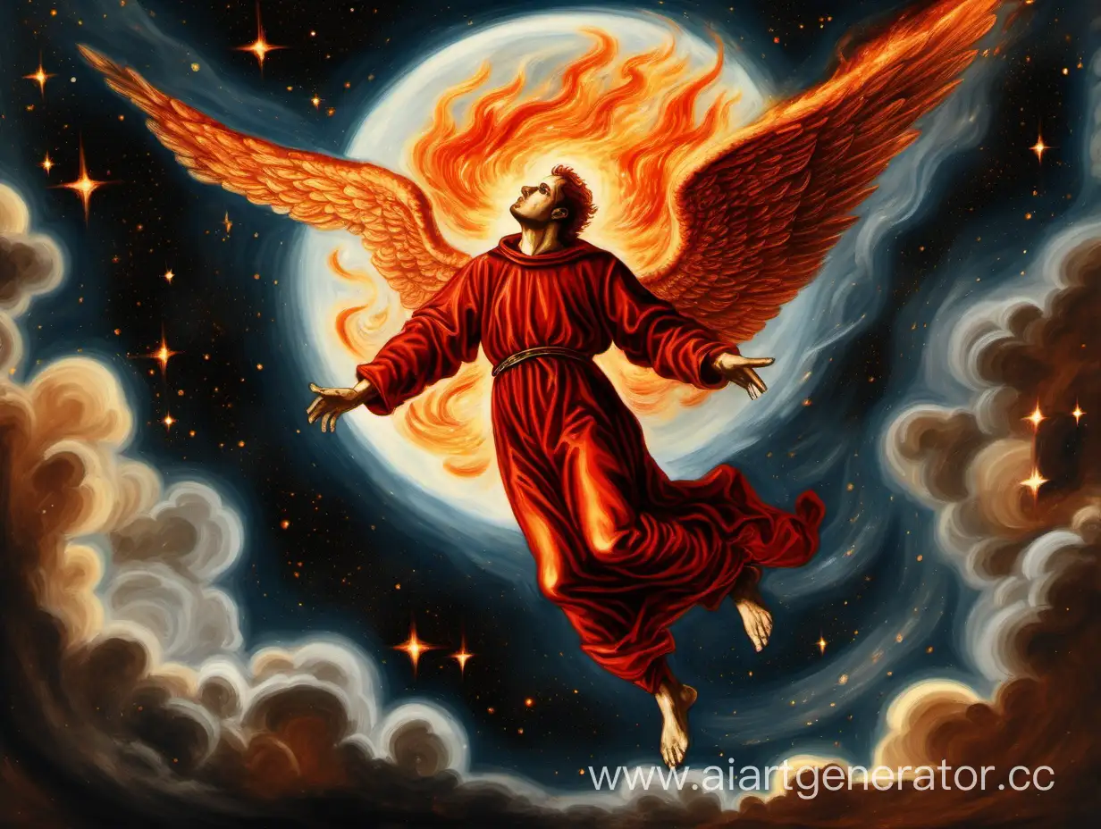 Падший мужской огненный ангел летит по космосу. В стиле средневековой картины.