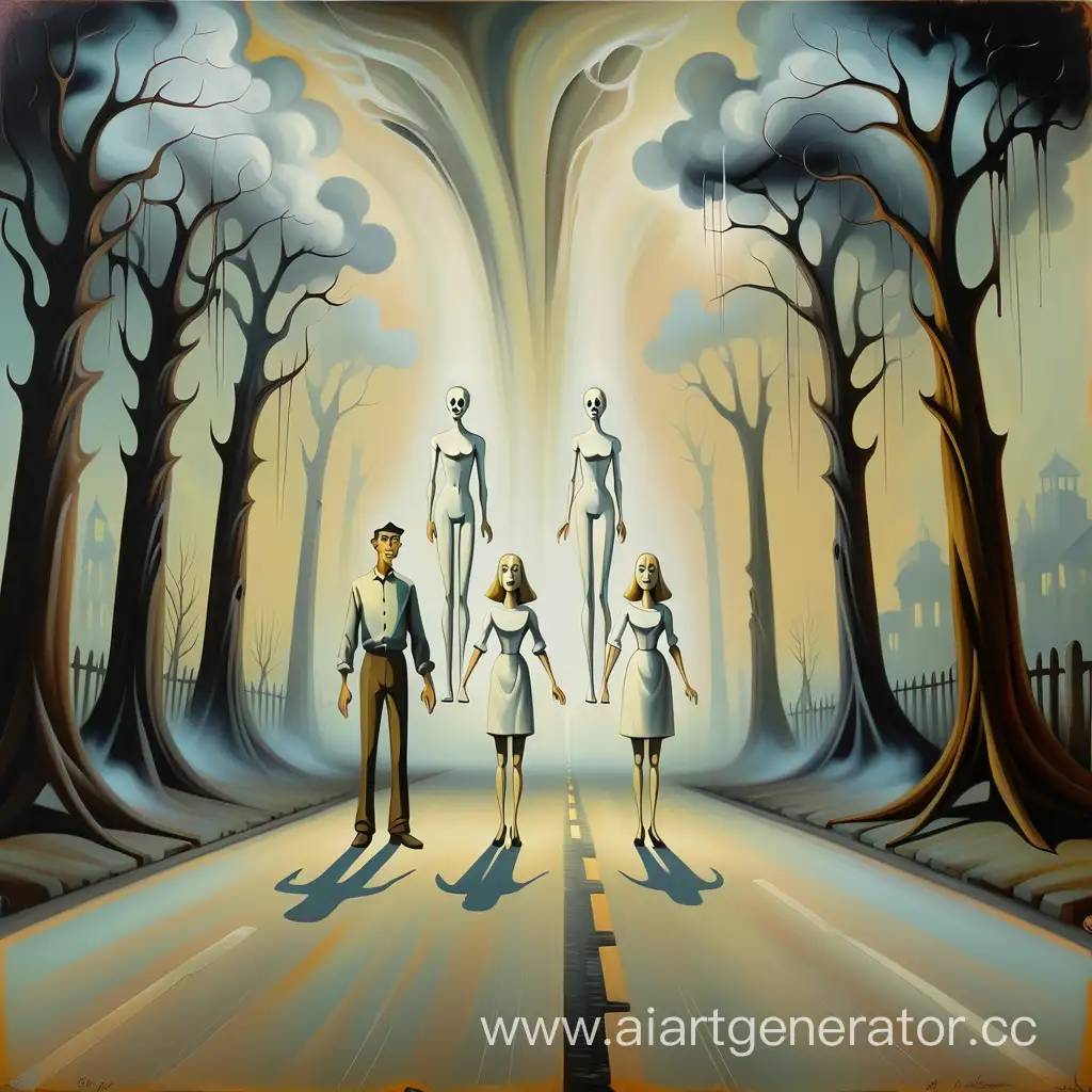 Man-and-Woman-Standing-at-Crossroads-Surrounded-by-Ethereal-Children-in-an-Oil-Painting