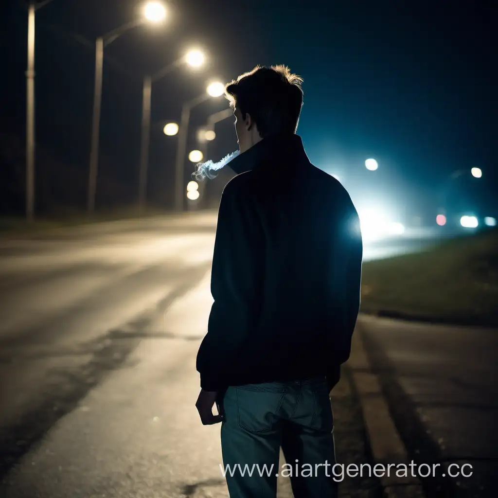 молодой парень стоит стоит спиной на фоне дороги, курит сигарету и его освещают фары проежающих машин