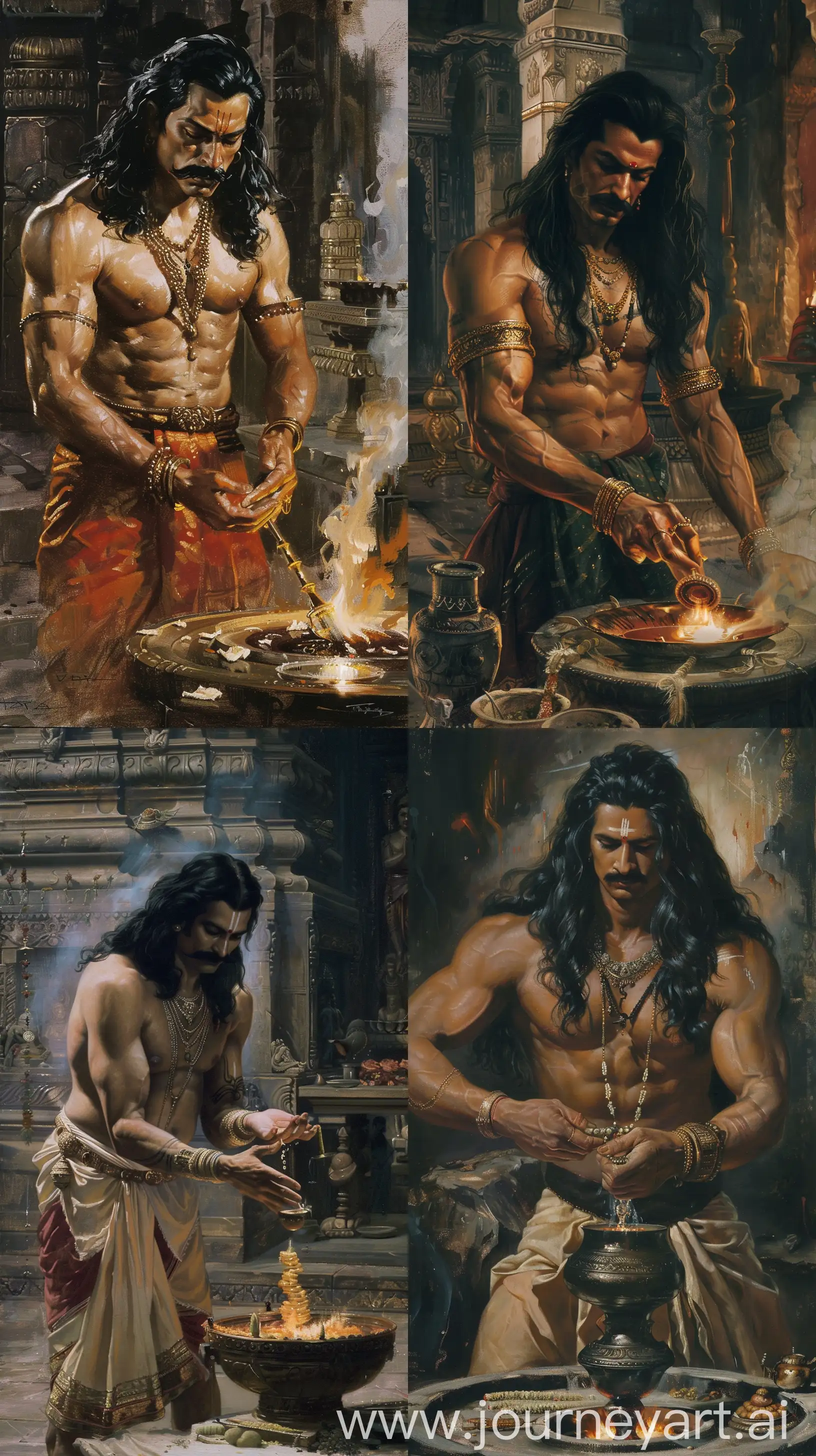 Raj Ravi Varma art style depicting The Daitya king Bali doing yajna, he's a muscular Indian man in his forties, with a long black hair and a moustache, he's performing a yagna ritual, intricate details, 8k quality image --ar 9:16 --v 6