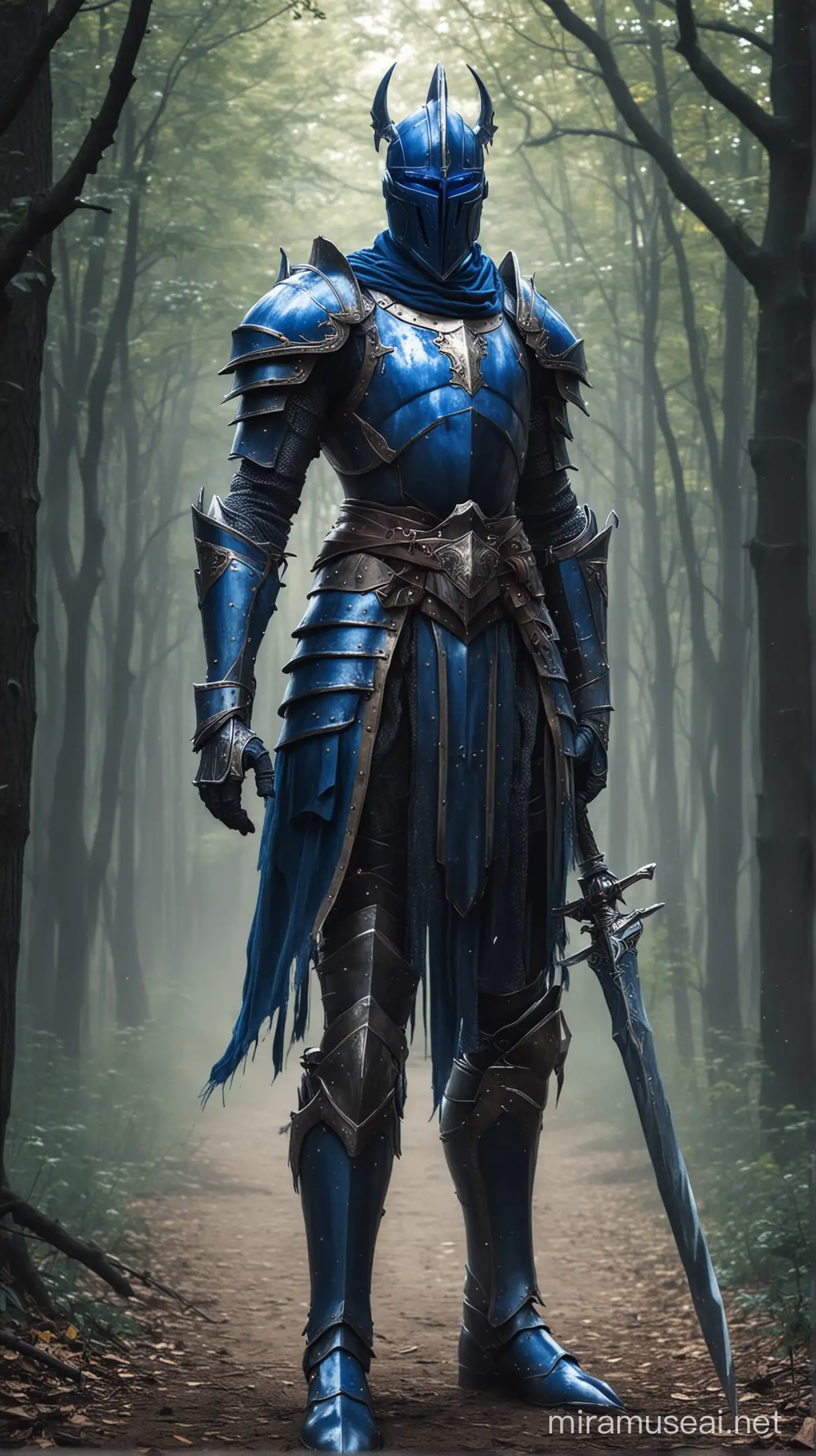 Majestic Blue Knight in Mystical Forest Setting