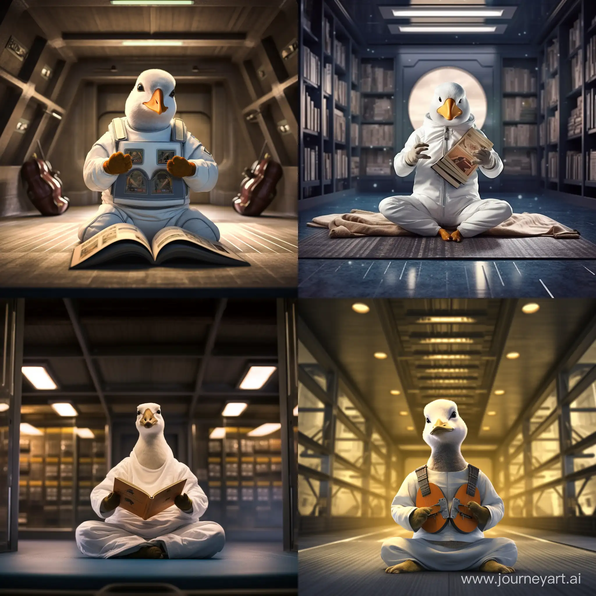 Un pato que practica yoga en una biblioteca de astronautas
