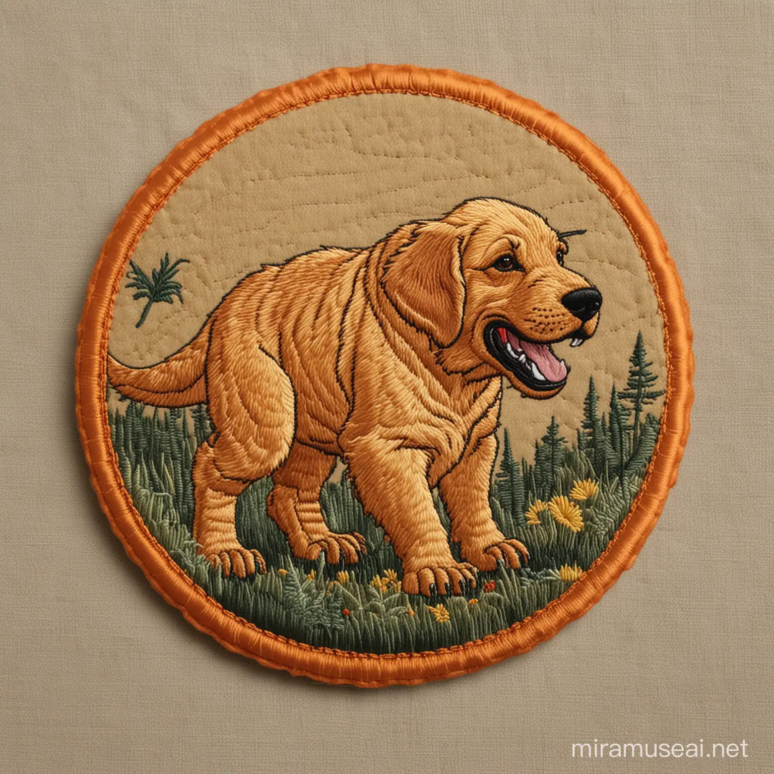 An embroidered patch, a Tyrannosaurus rex mixed with a golden retriever puppy, thick lines, low detail, no shading -- ar 9:11 --v5