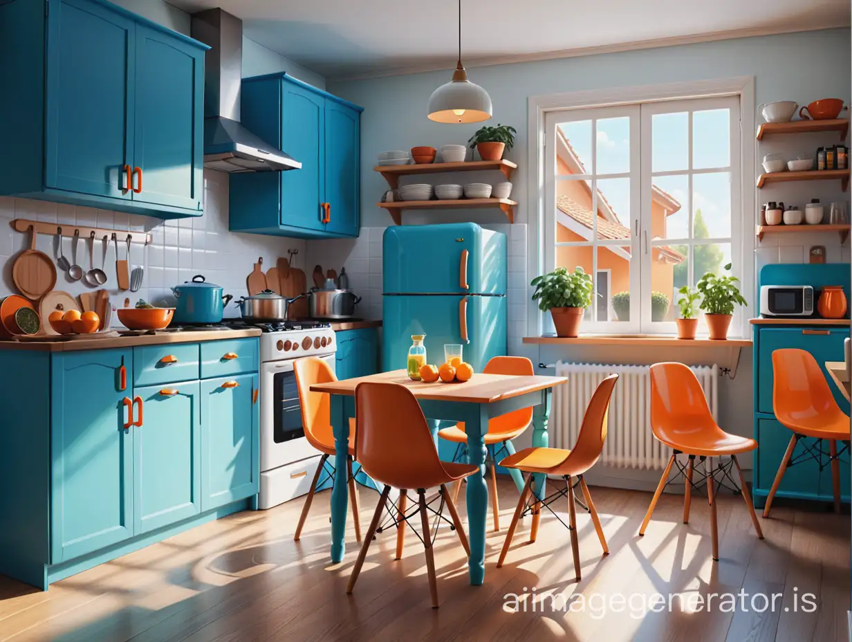 close-up view of a cluttered kitchen with blue cabinets and a table with orange chairs, house kitchen on a sunny day, realistic 2d , game background, architecture, 2d art, game illustration.