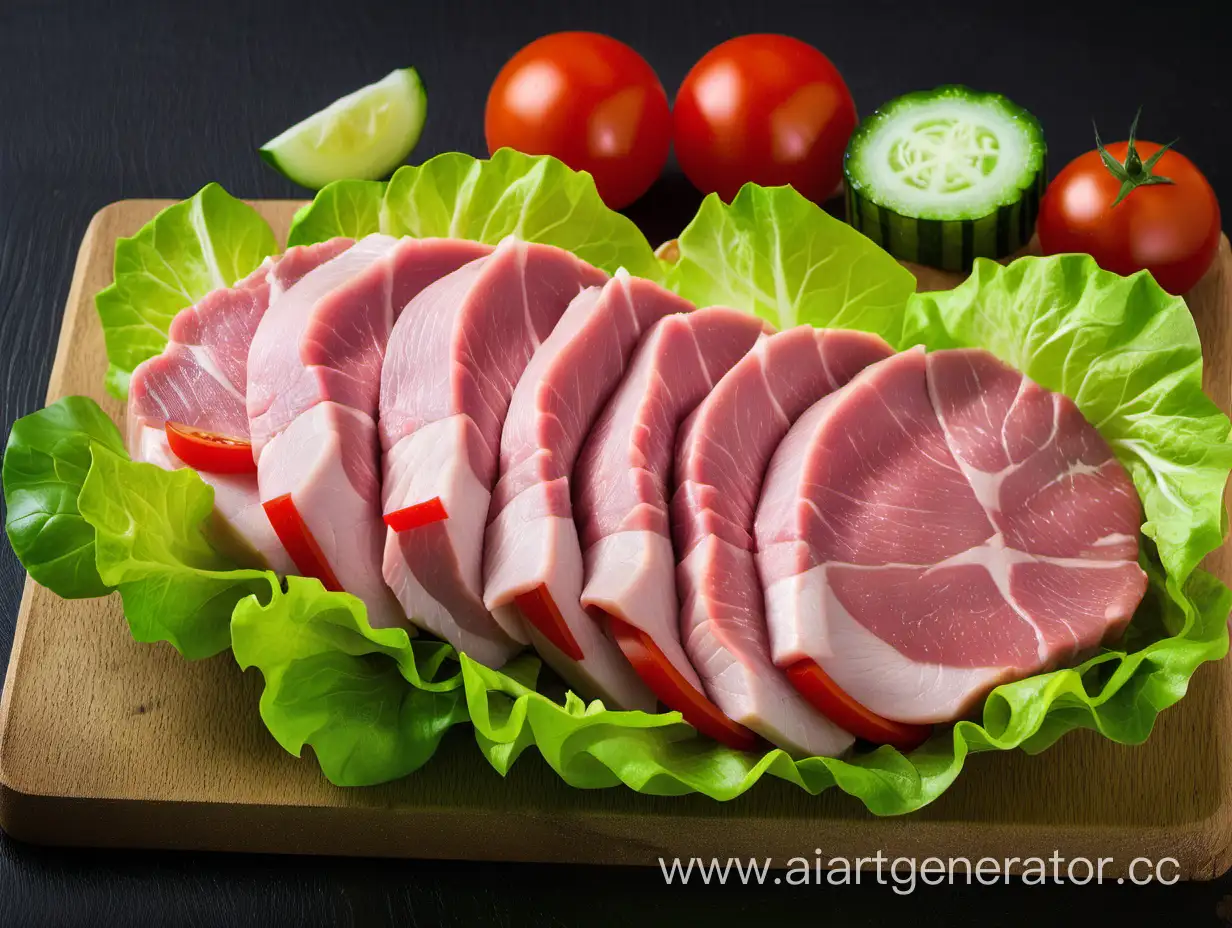Сырое мясо свинины, огурец, помидор, листья салата