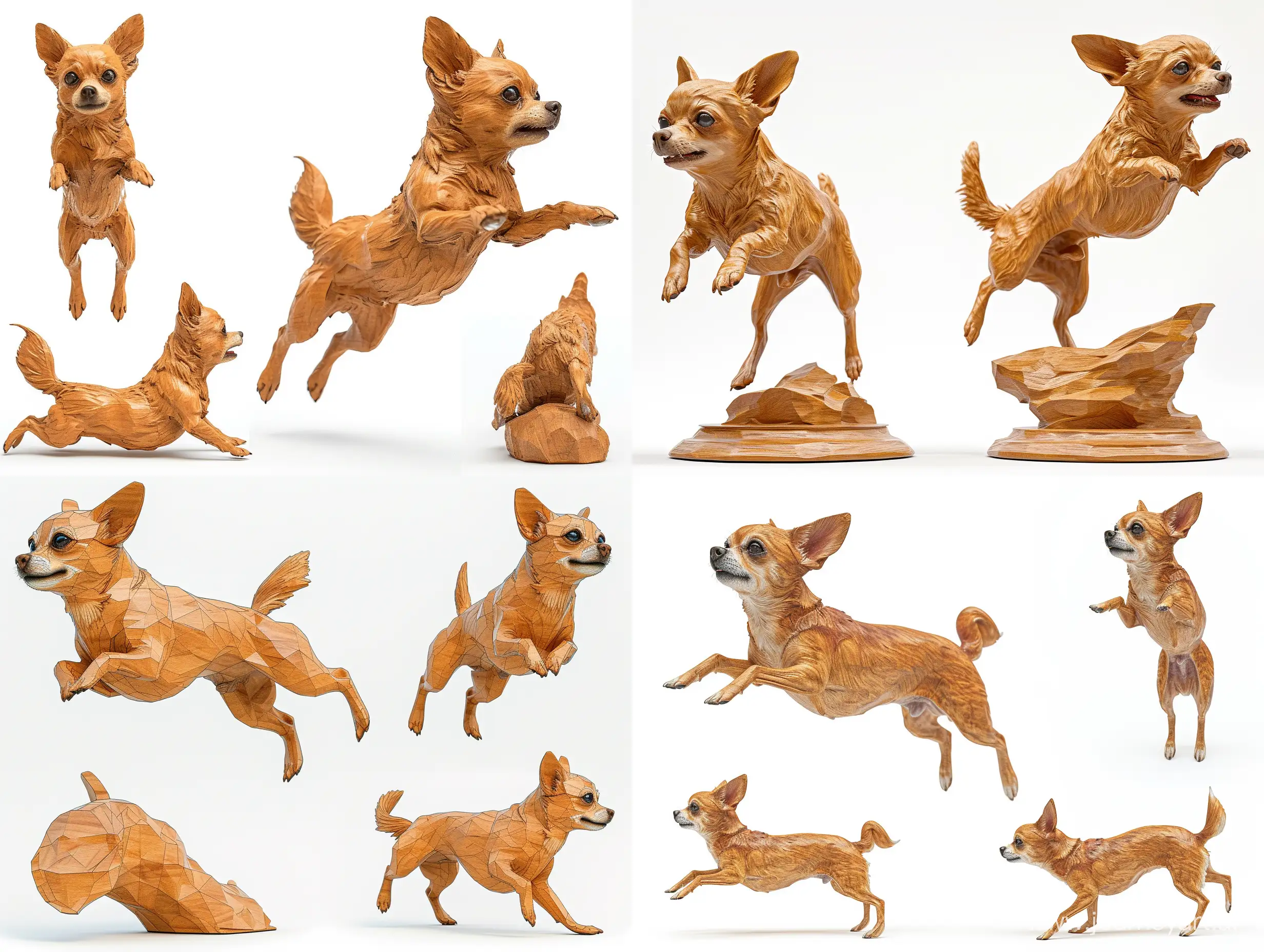 Professional sketch for wooden sculpture, a full-length chihuahua jumping full-face and in profile, professional dynamic character, front back view and side view, wood carving, white background, 8k Render, ultra realistic
