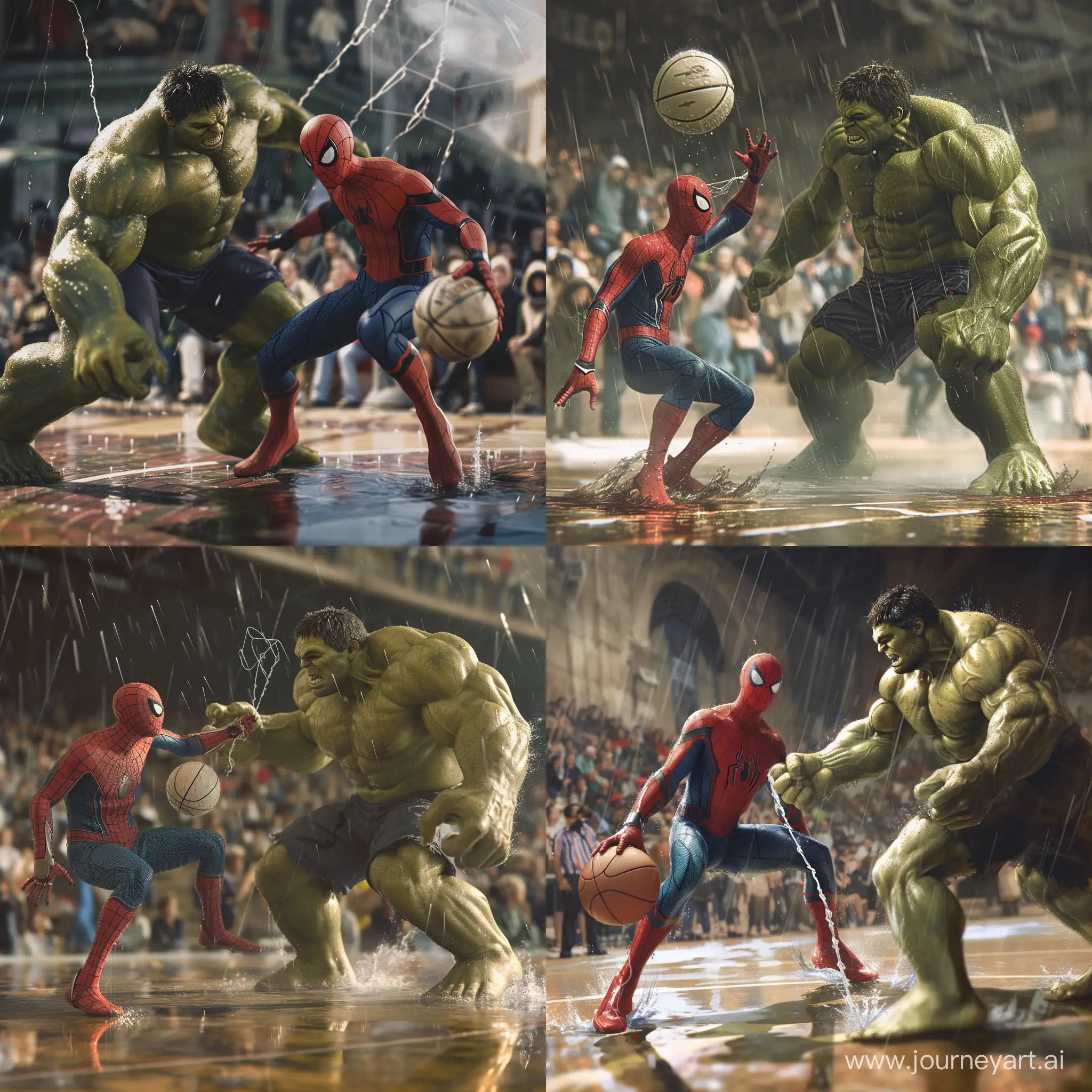 A realistic picture of Spider-Man and Hulk playing power ball in the rain, in front of an audience watching the match, with blur in the background, accuracy, focus, and very fine details on fabrics, skin, and skin.