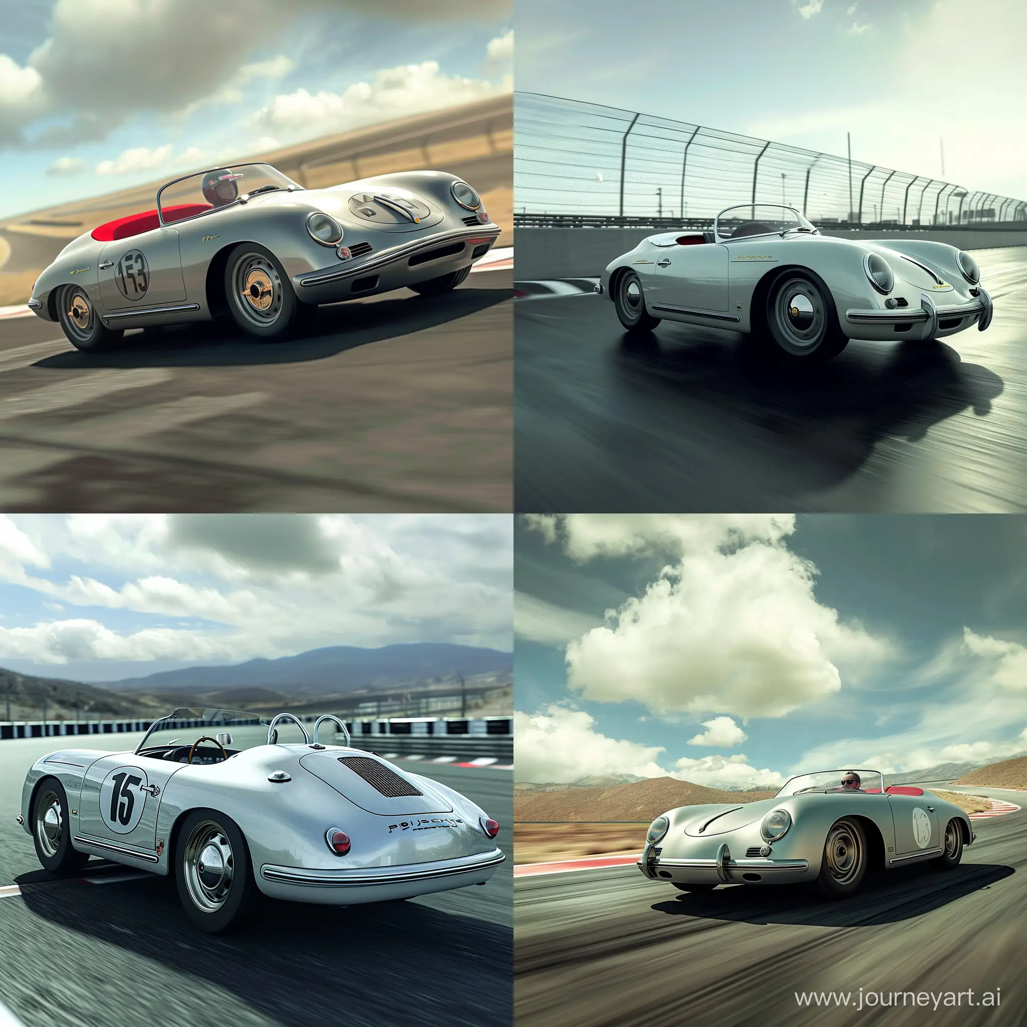 Make me a realistic image of a Porsche 550 Spyder like the one that James Dean drove, in  a real driving panorama in a racing environment
