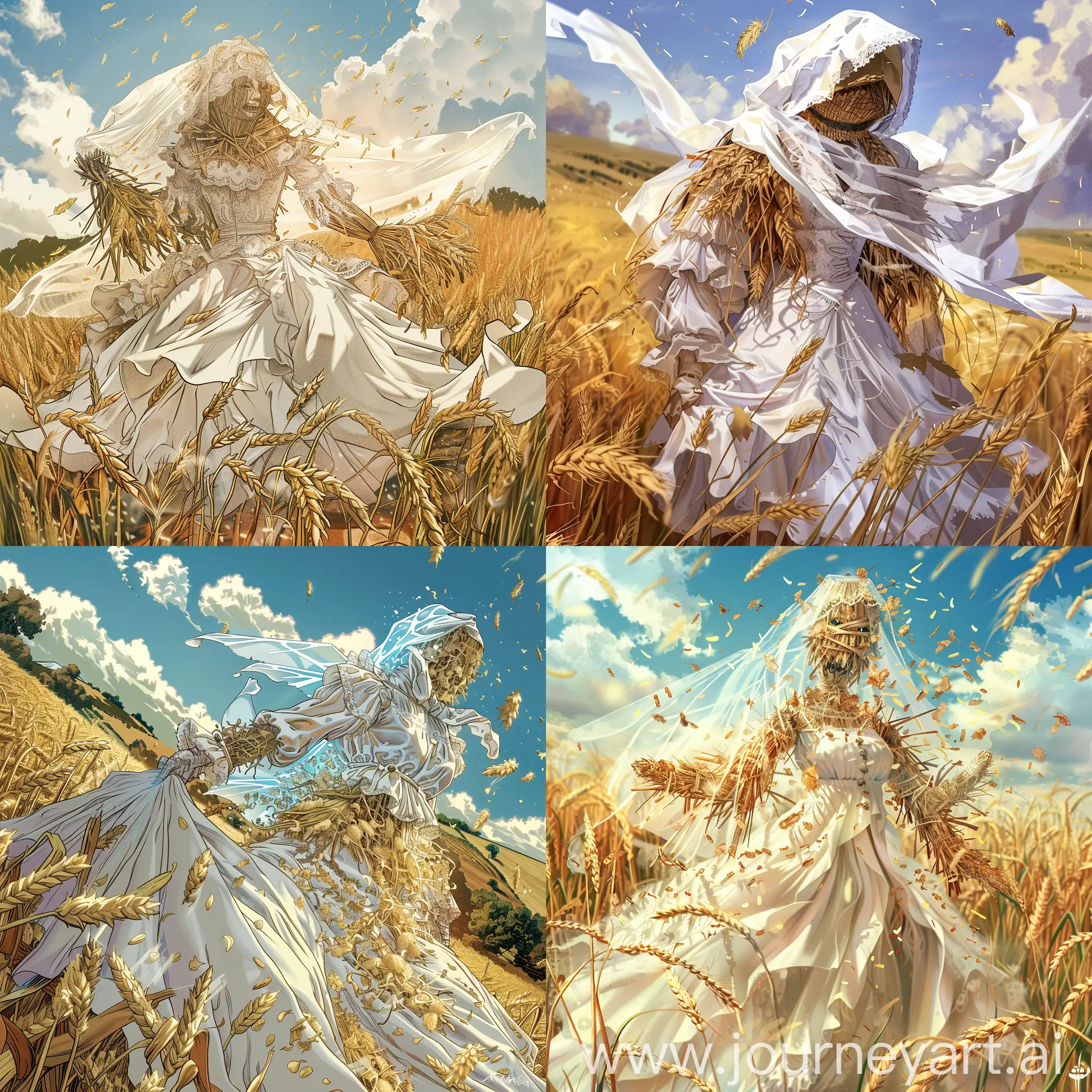 an story named "the straw bride". a art with a female scarecrow wearing a white wedding dress, surrounded by a wheat field, a scarecrow, digital art, comic book