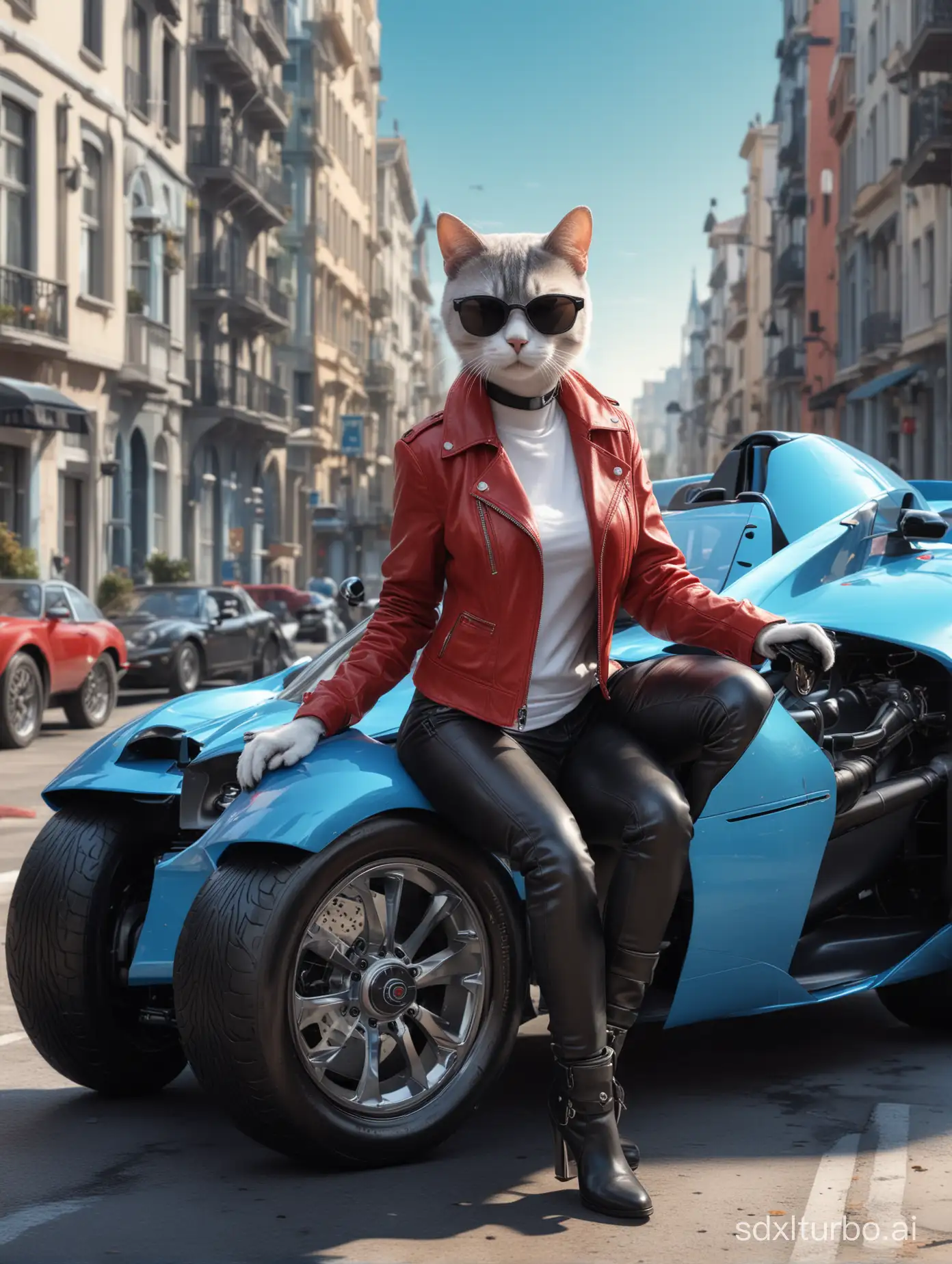 an (((anthropomorphic female cat))) wearing leather pants, a white tshirt , red leather jacket, black boots and sunglasses driving a blue (((Bugatti Bolide))) in a futuristic city background