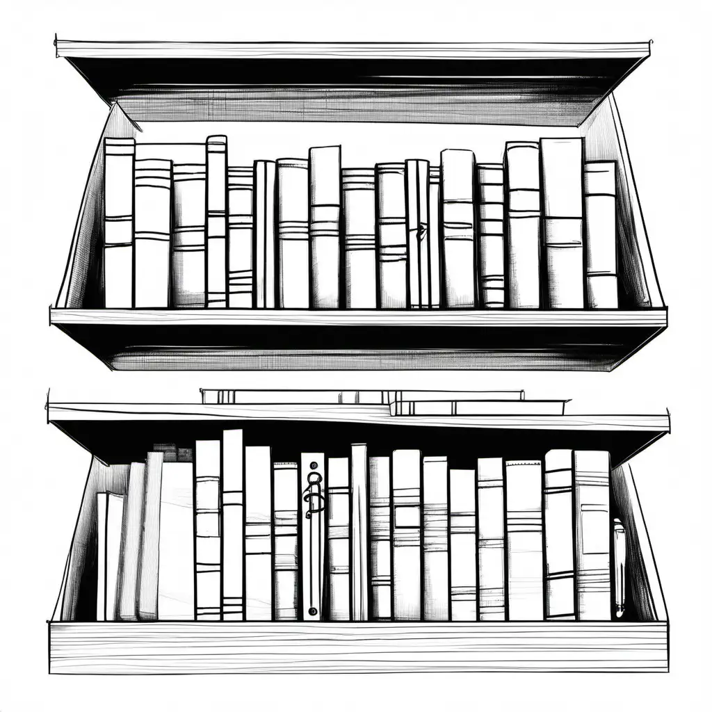 Create a hand sketch of notebooks in a shelf.

All the drawing should fit in the image.
No colors. White background. No shades. 