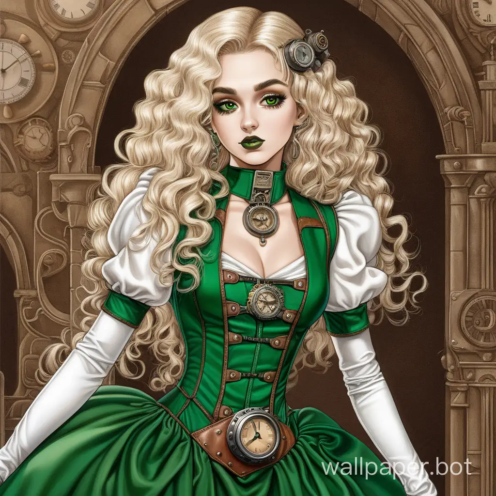 Pop-Art-Steampunk-Baroque-Style-Portrait-of-a-Young-Woman-in-Green-Dress-and-White-Boots