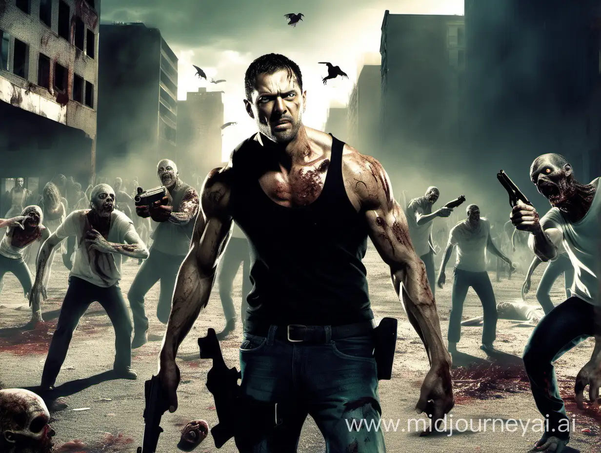 muscled man holding pistol with two hands, surrounded by zombies on the ground which he has shot, in front of an abandoned city