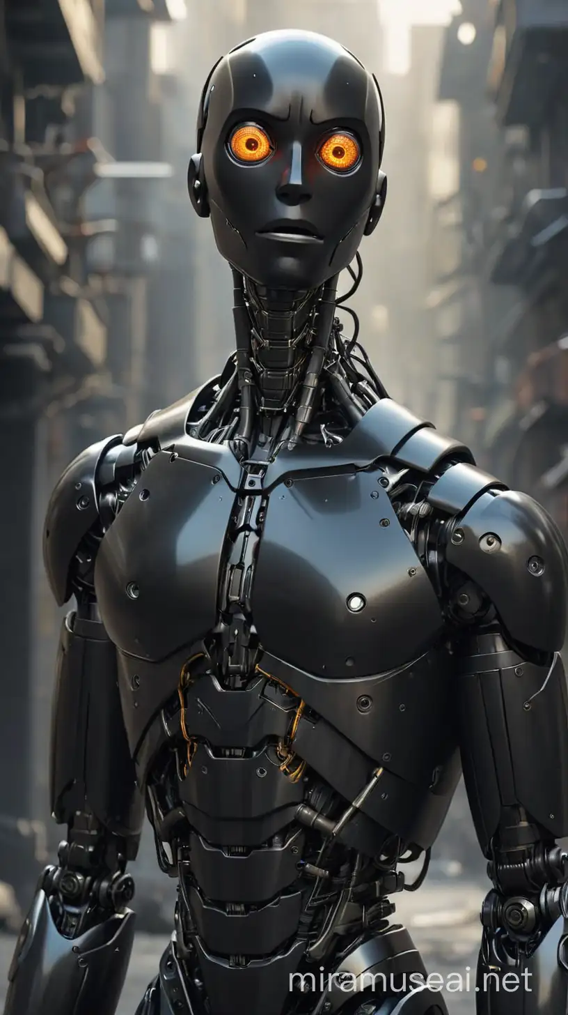 Portrait of a Black Robot Man with Focus on Head and Throat