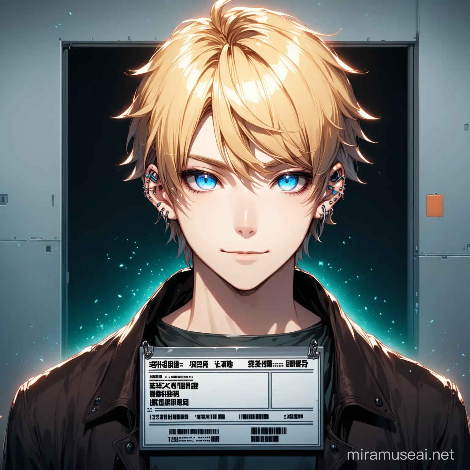 Kyoto animation stylized anime mixed with futuristic cyberpunk artworks ~ young blonde Male staring into the camera for a mugshot or ID photo with a smug smile, angelic, pretty boy face, no beard, no facial hair, different colored eyes, male idol outfit, looks like a young male model, pale skin, blonde hair, slim build, curtain bangs, smoking, pretty boy face, rich, ear piercing, face piercing, face tattoo, white background. Cinematic Lighting, dark lighting, dystopian view, ethereal light, intricate details, extremely detailed, complex details, insanely detailed and intricate, hypermaximalist, extremely detailed with rich colors. masterpiece, best quality, aerial view, HDR, UHD, unreal engine. Slim young man, rich aura, snobbish face, ((acrylic illustration by artgerm, by kawacy, by John Singer Sargenti) dark fantasy background, blade runner, akira, fair skin, handsome face,  rich in details, high quality, gorgeous, dystopian, neon signs, final fantasy style, gorgeous, glamorous, 8k, super detail, gorgeous light and shadow, detailed decoration, detailed lines, glitchy aesthetic, mugshot, 1x1