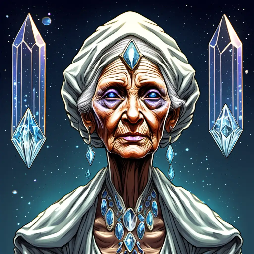 La vieille aveugle qui fait des augures. Elle voit sans ses yeux. C'est une prêtresse bien habillée. Des cristaux géants sont autour d'elle. Elle est un humanoïde extraterrestre. 
