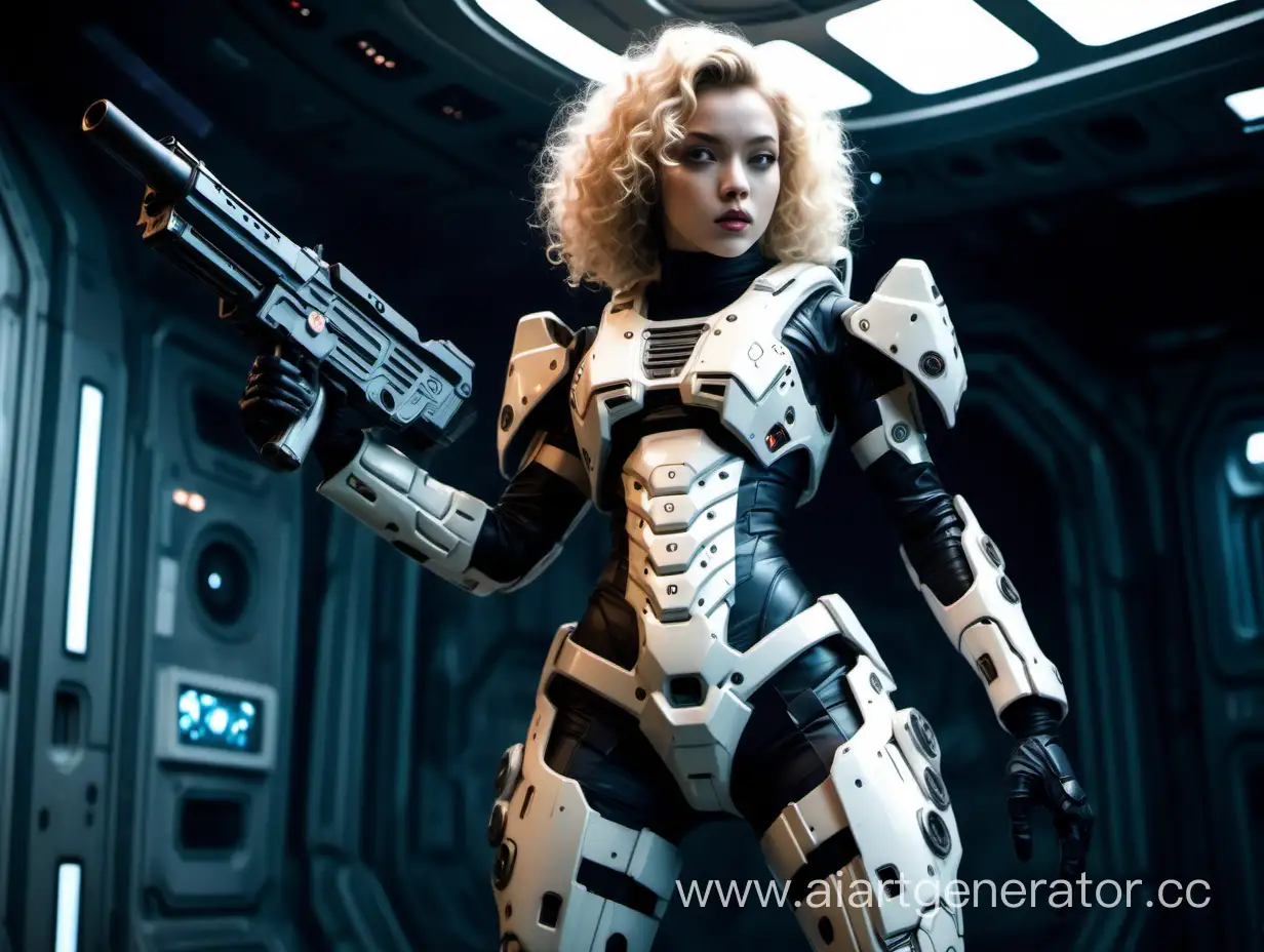 A girl in a sci-fi space exo-suit, with a gun in her hand, curly blonde hair, half-covered chest, long legs, view in 4 projections