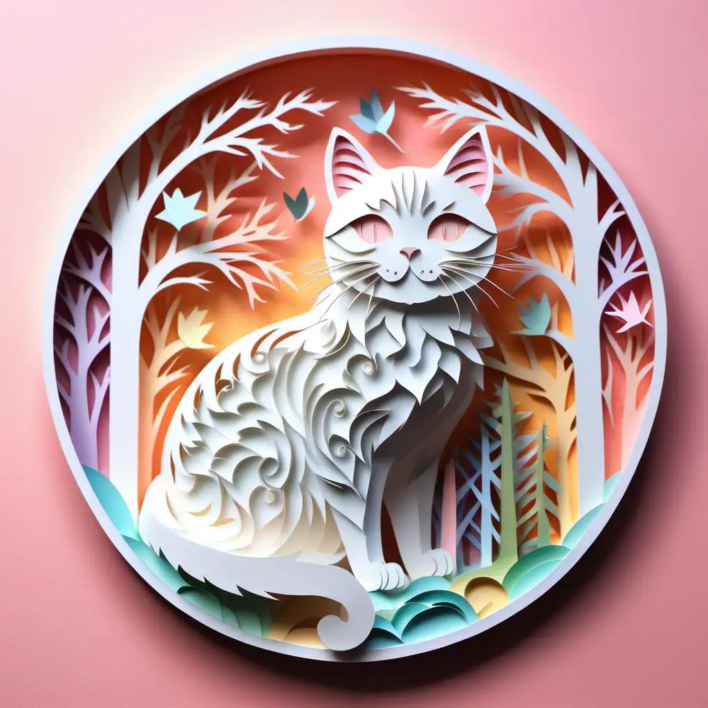 Multi-Dimensional Paper-cut craft, a cute cat, light pastel colorful color theme, paper - cut, rich layers, light white color, high detail, 8k, high quality, hyperrealistic