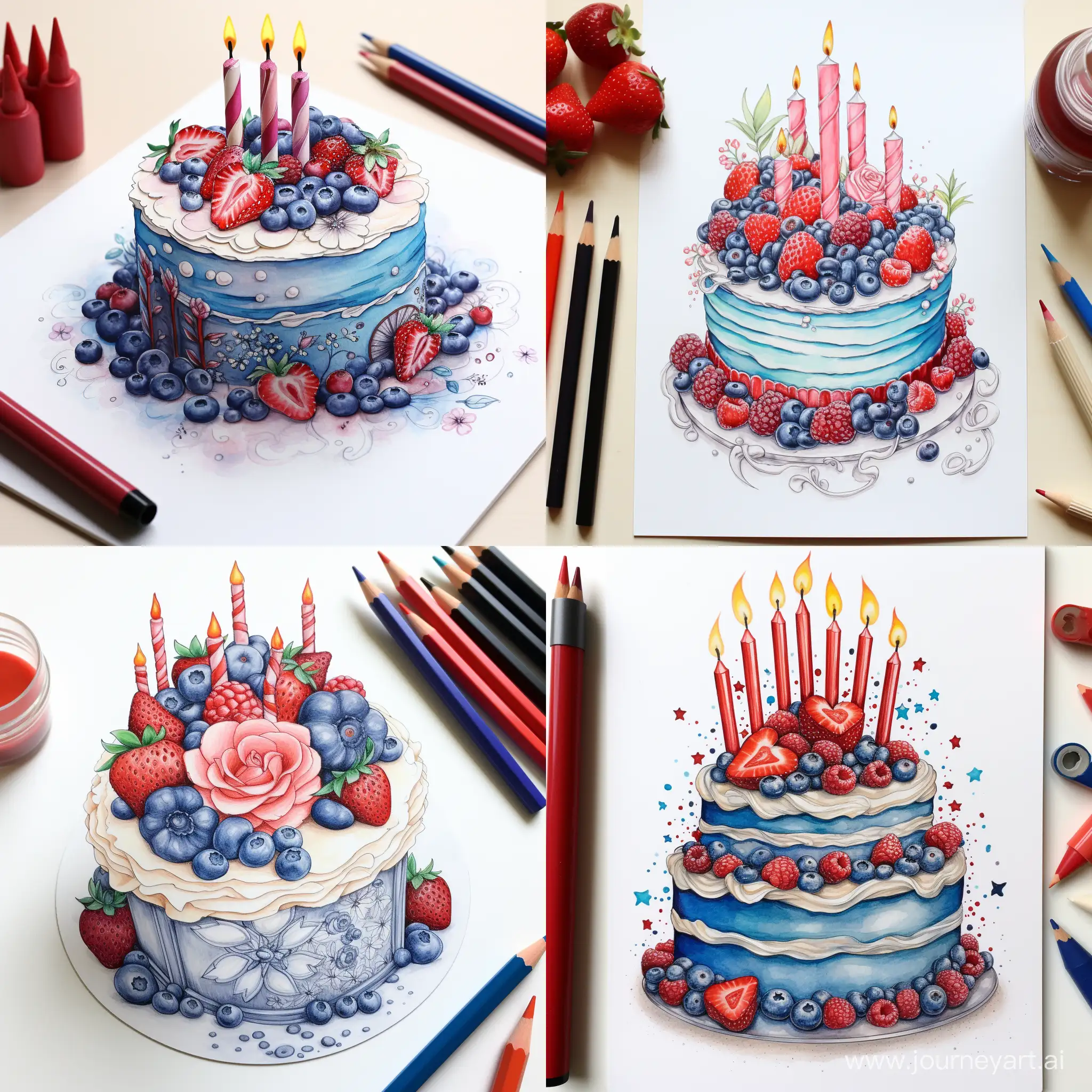 нарисуй праздничный торт с днем рождения в синих и красных тонах