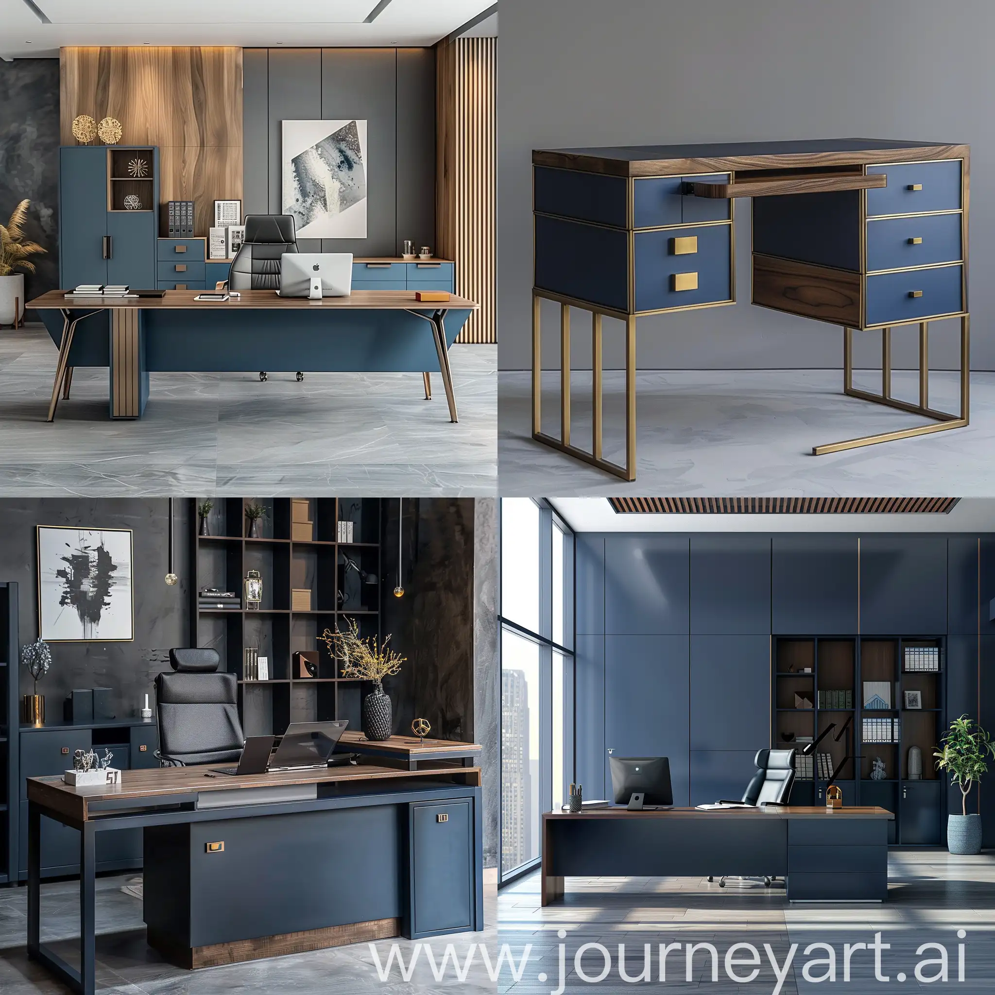 design office desk, administrative office, reductionism design, metal and wood materials , Dark blue colour, 
