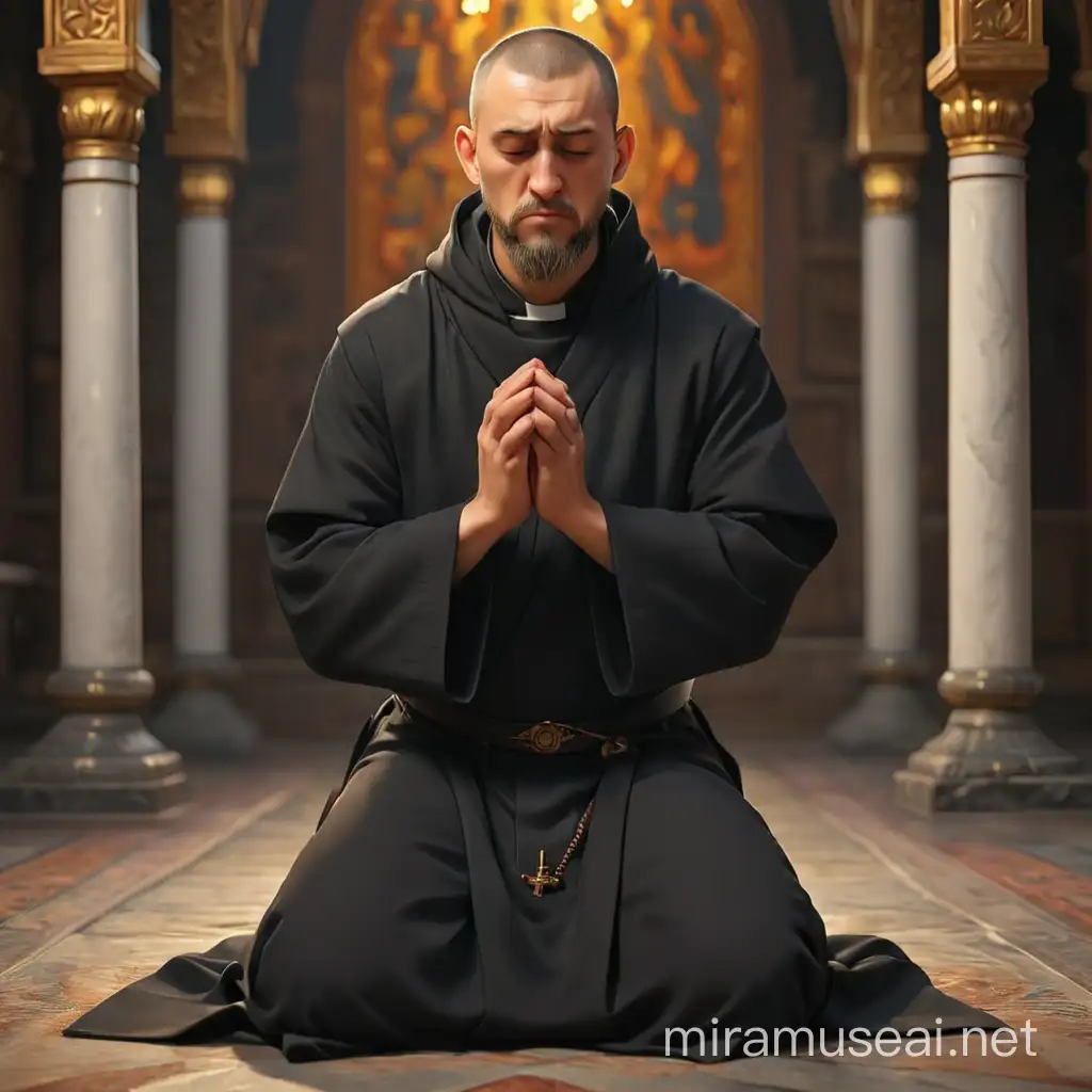An Orthodox monk in a black cassock kneels and prays, suffering on his face. We see him in full height with arms and legs. Image in the style of realism 3d animation