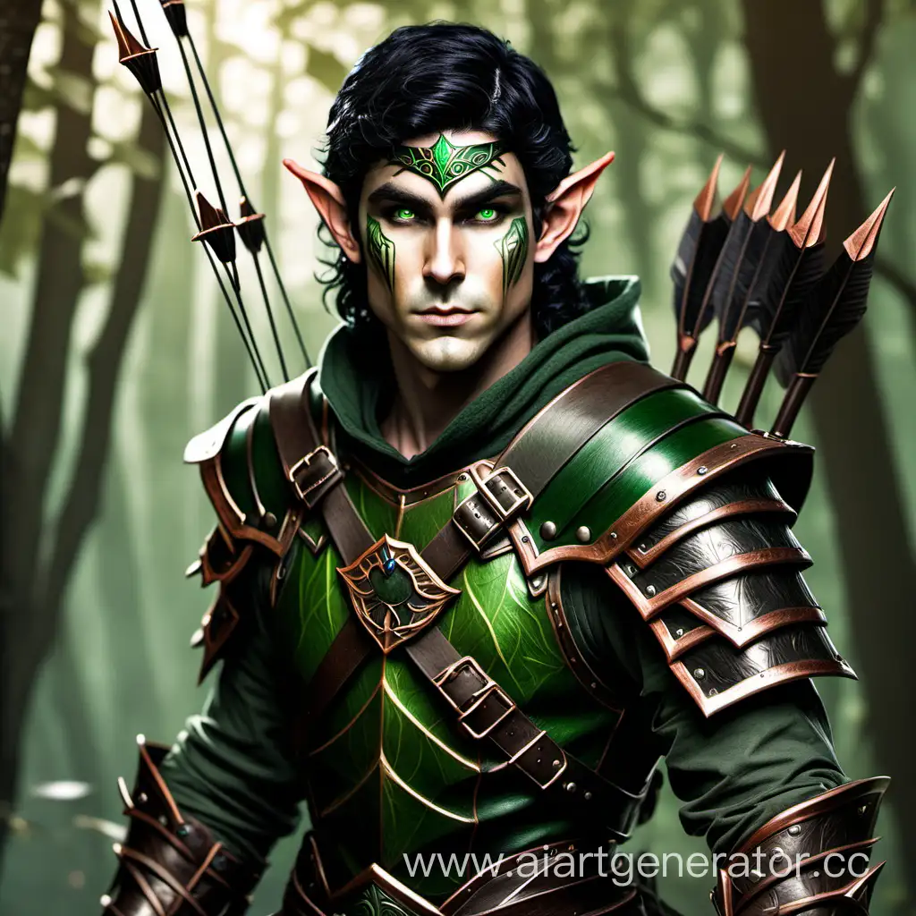 мужчина Лесной эльф Следопыт с кожей медно-зеленого оттенка с черными волосами и Тёмно-зелёными глазами в кожаной броне
с длинным луком