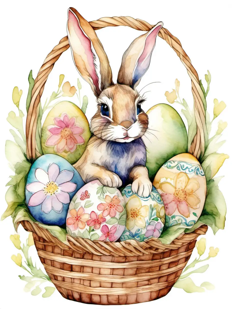 Picture a playful bunny sitting in a basket filled with floral-decorated Easter eggs. Use watercolors to emphasize the delicate and intricate flower patterns on the eggs, creating a scene that radiates the beauty of spring.