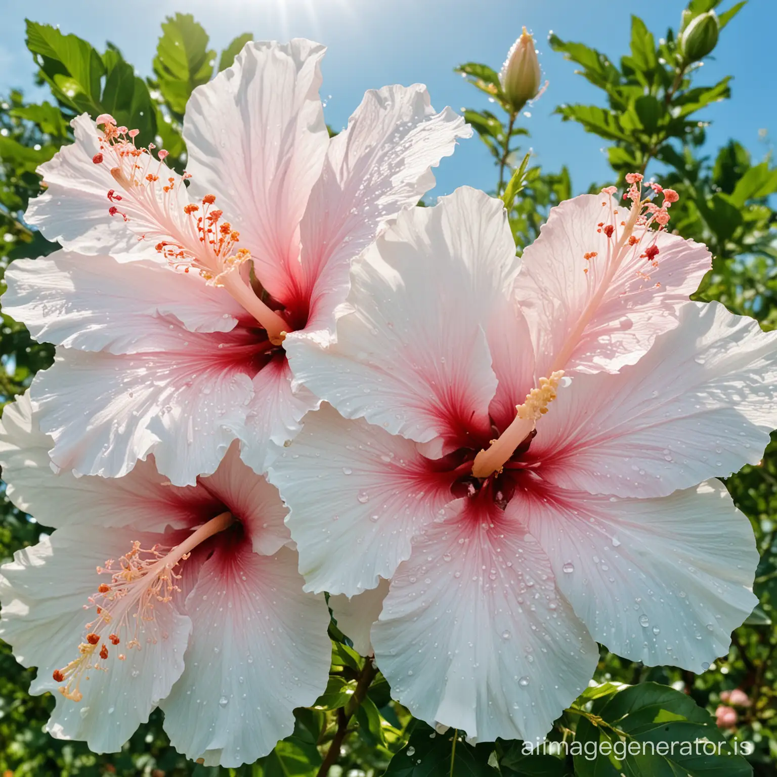 Delicate-Hibiscus-Blooms-with-Pink-Streaks-and-Water-Droplets-on-Lush-Green-Foliage-Background