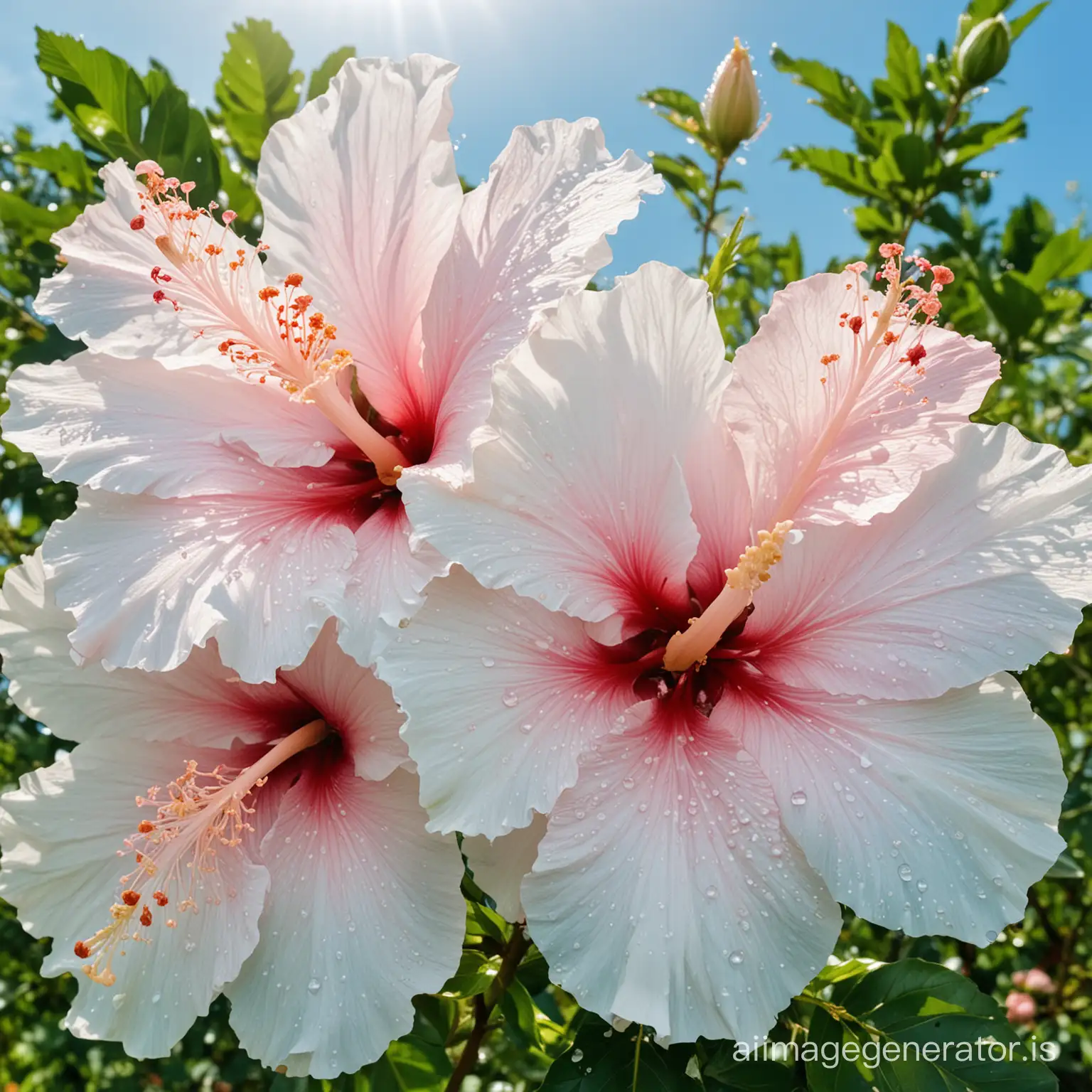 Photography of a cluster  of delicate hibiscus white flower with soft pink streaks, highlighted by glistening water droppelest on the petals,set against a backdrop or luah green foliage and clear blue sky 