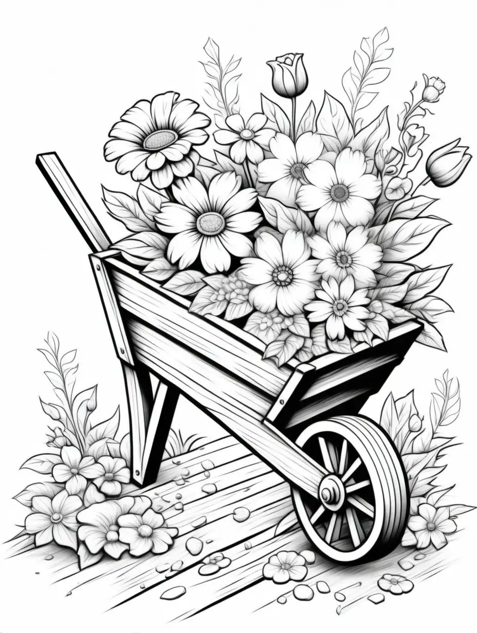 coloring page for kids, black lines white background, flowers spilling out of a vintage wooden wheelbarrow
