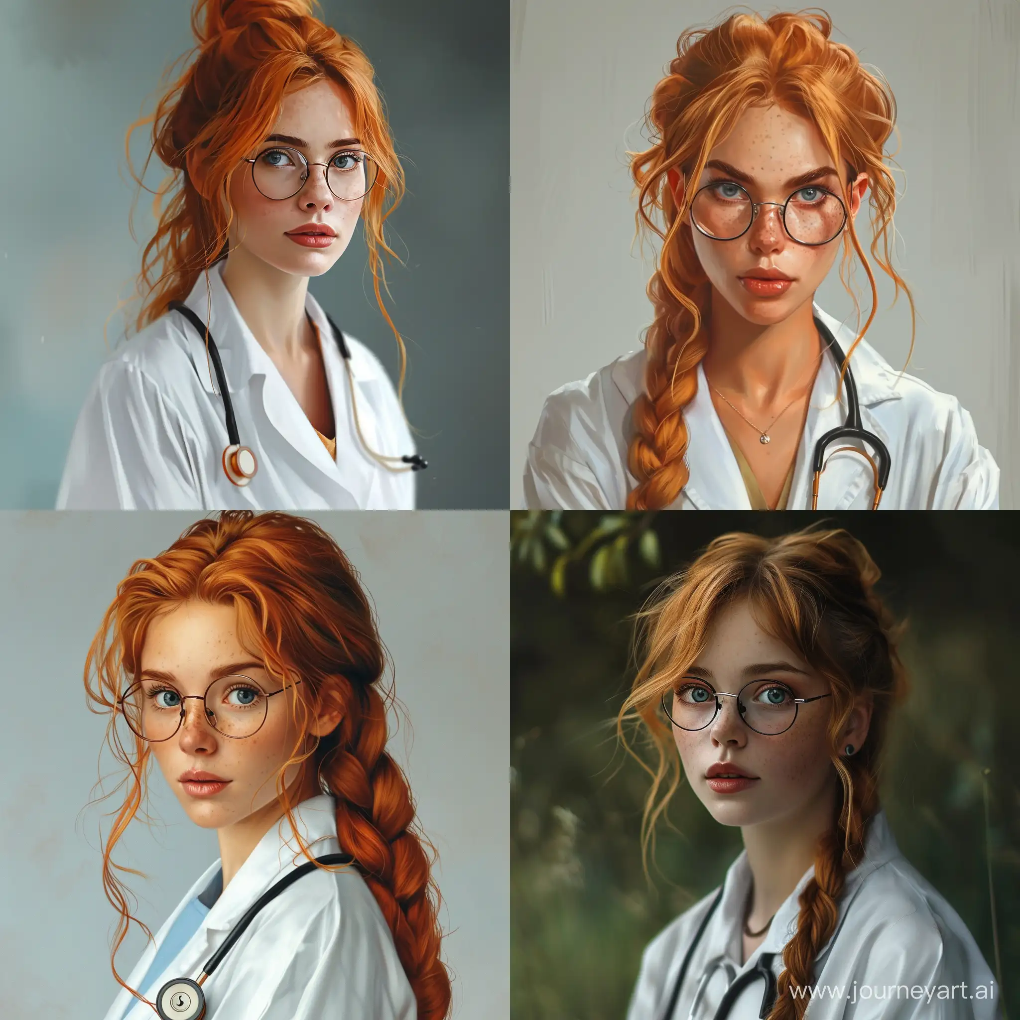 redhead girl, realistic looking at the viewer, doctor, glasses