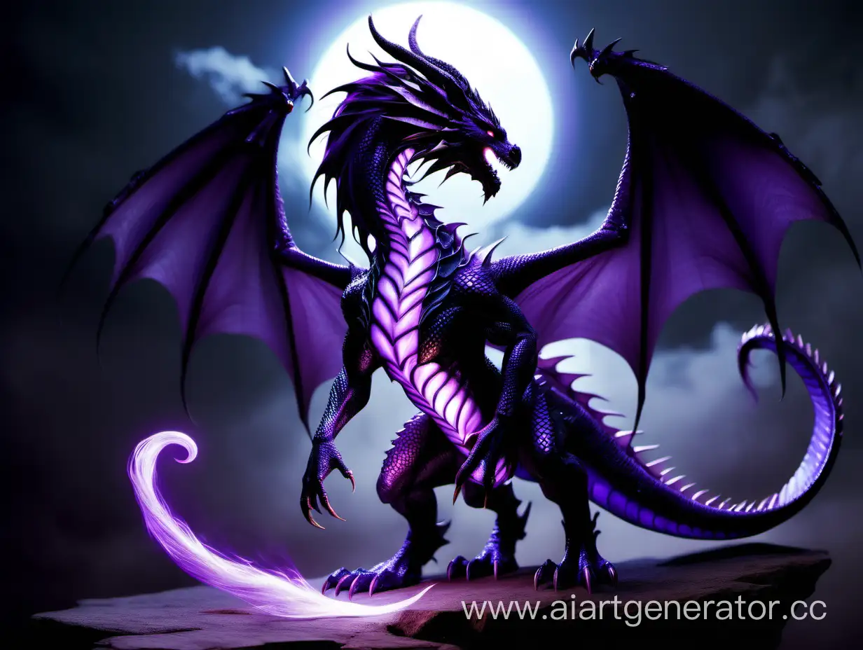 Тёмный светящийся фиолетовым цветом дракон, гермафродит, с длинными фиолетовыми волосами, в полный рост, присутствуют драконьи крылья, драконий хвост